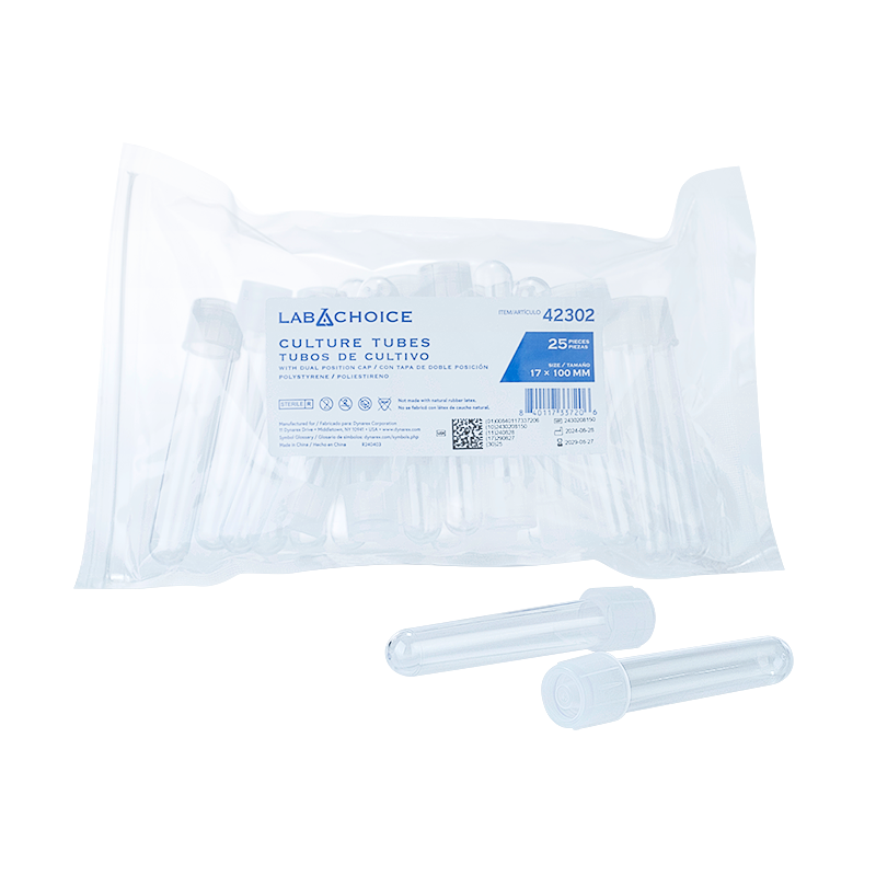 Culture Tube w/Dual Position Cap, PS, Without Graduated Markings, 17 x 100 mm - 25 pcs per Bag/4 Bags per Case