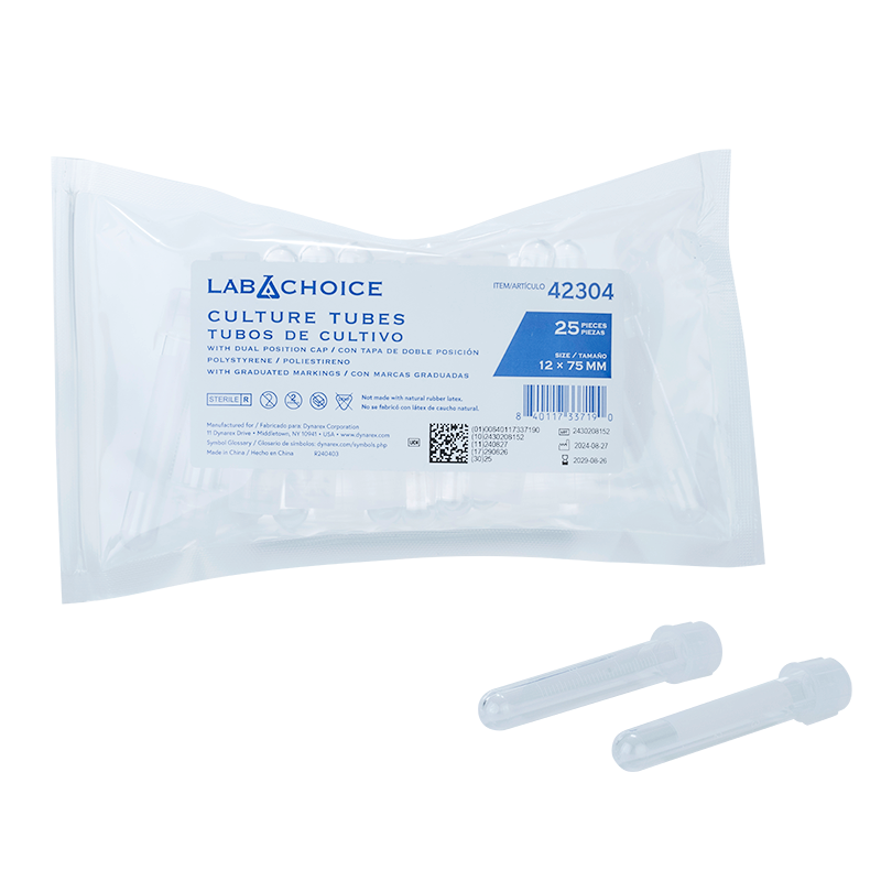 Culture Tube w/Dual Position Cap, PS, With Graduated Markings, 12 x 75 mm - 25 pcs per Bag/4 Bags per Case