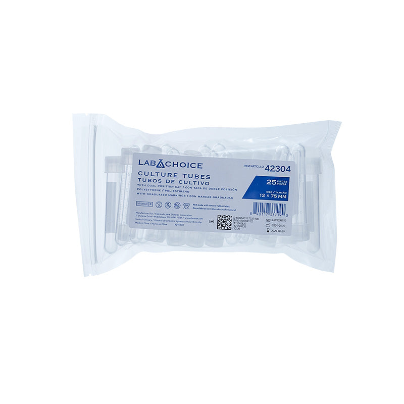 Culture Tube w/Dual Position Cap, PS, With Graduated Markings, 12 x 75 mm - 25 pcs per Bag/4 Bags per Case