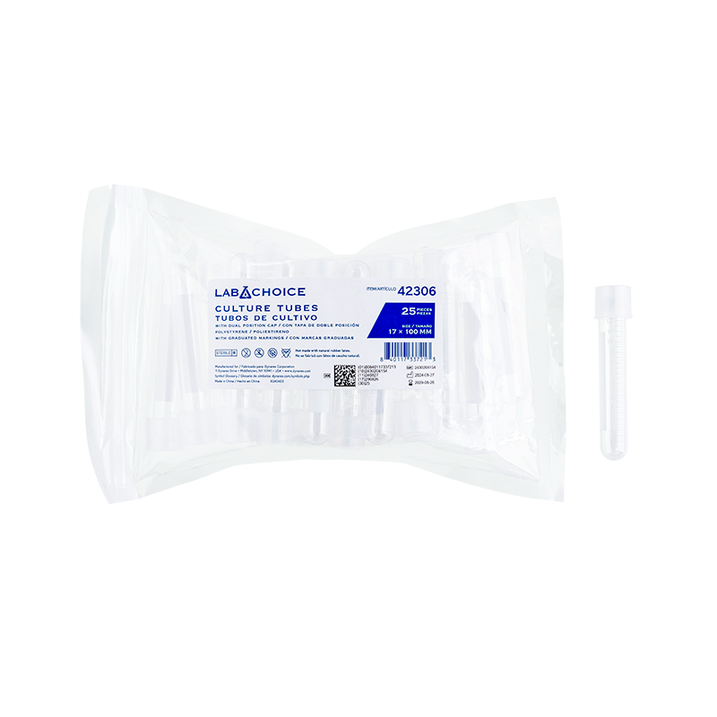 Culture Tube w/Dual Position Cap, PS, With Graduated Markings, 17 x 100 mm - 25 pcs per Bag/4 Bags per Case