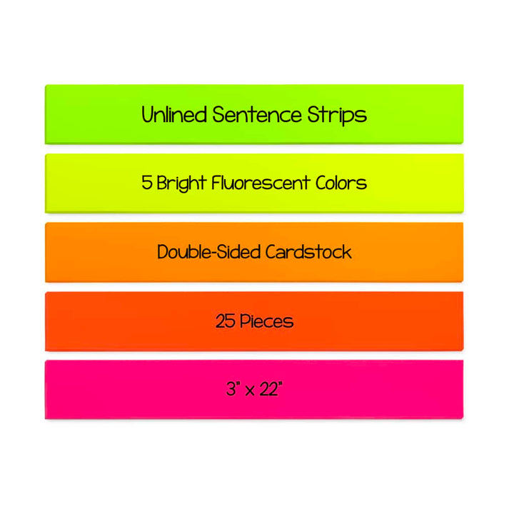 Neon Strips - 3"x22", 25 ct., 5 ea. Of 5 Flourescent Colors, Cardstock