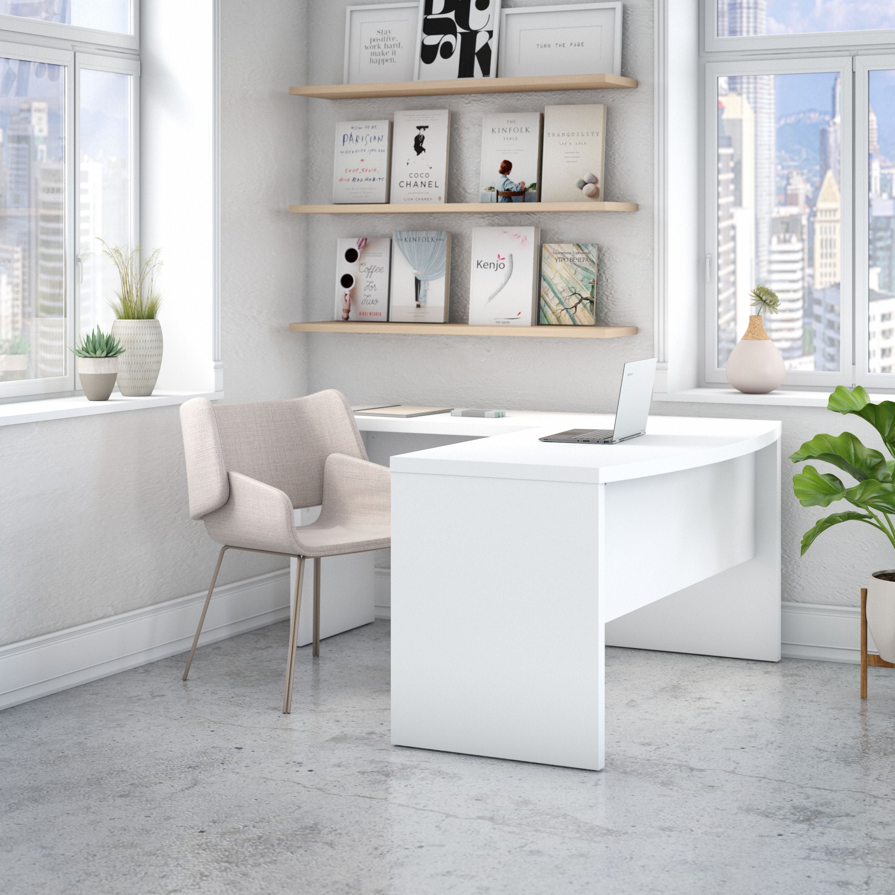 Bush Business Furniture Echo L Shaped Bow Front Desk in Pure White - 60" Width x 64.33" Depth x 30" Height