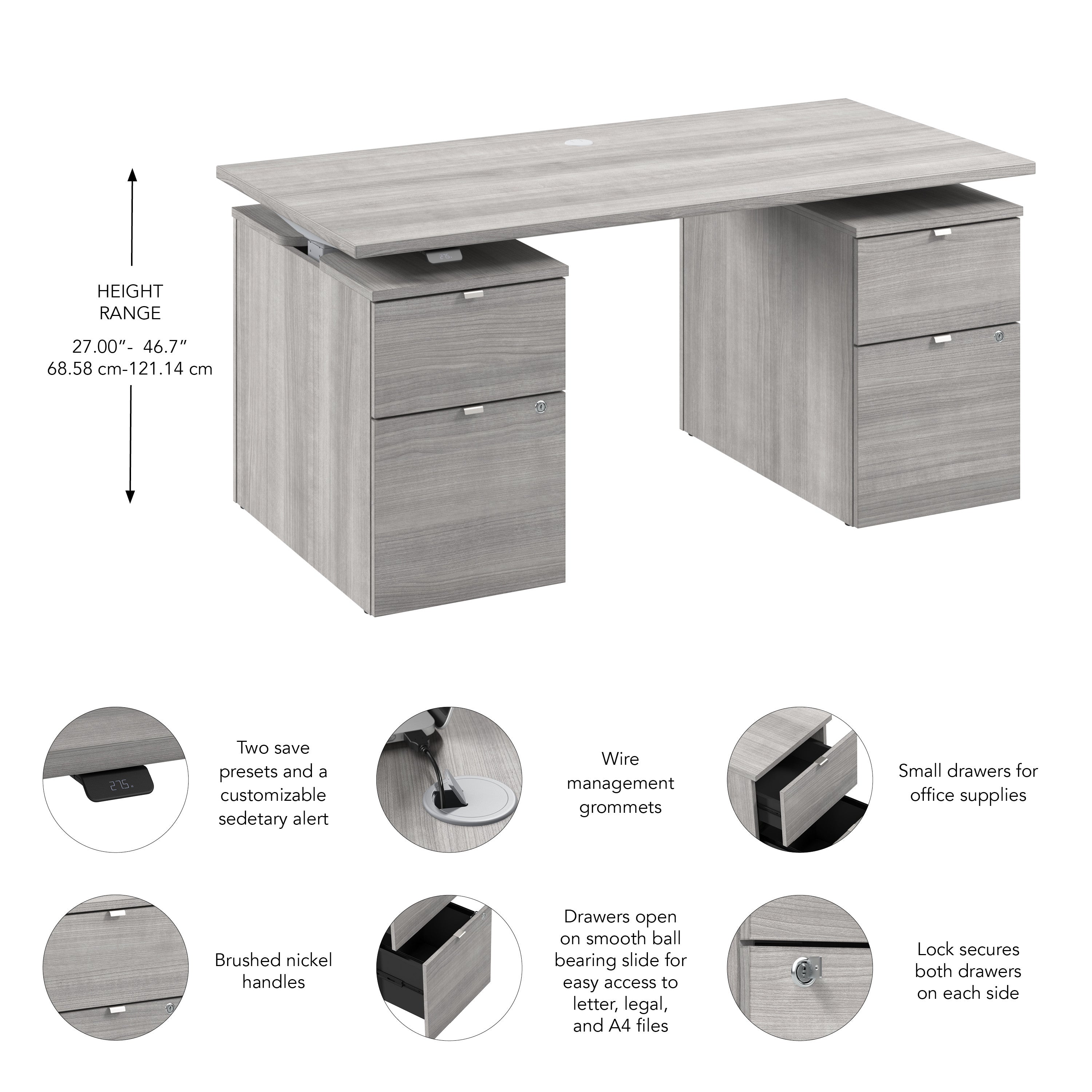 Bush Business Furniture Stratus&nbsp;60W x&nbsp;30D Electric Height Adjustable Standing Desk with Drawers in Platinum Gray with Metallic Gray Base - 59.45" Width x 29.37" Depth x 27.44" Height