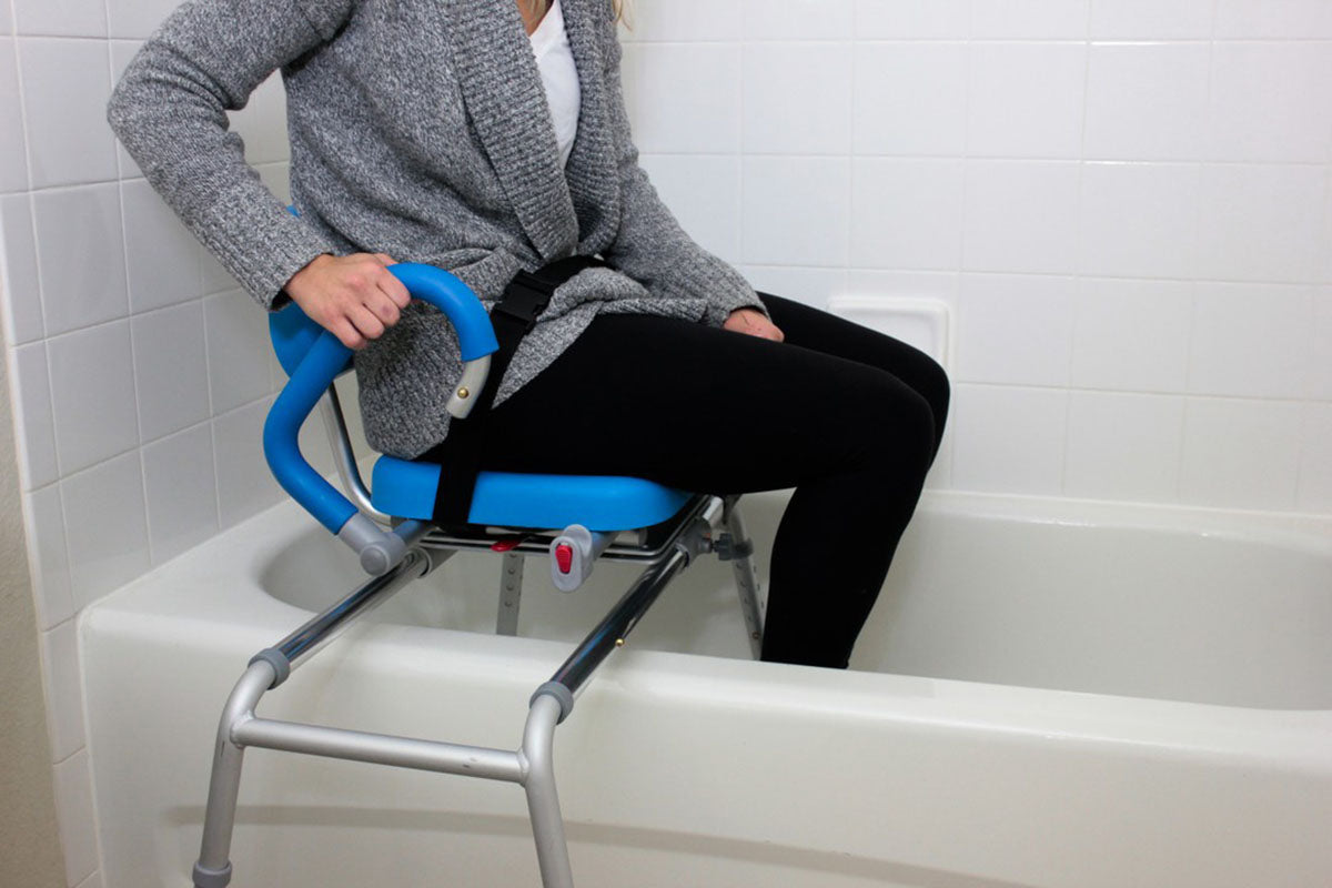 Carousel Sliding Bath Bench, Padded Swivel Seat, Armrests, Blue
