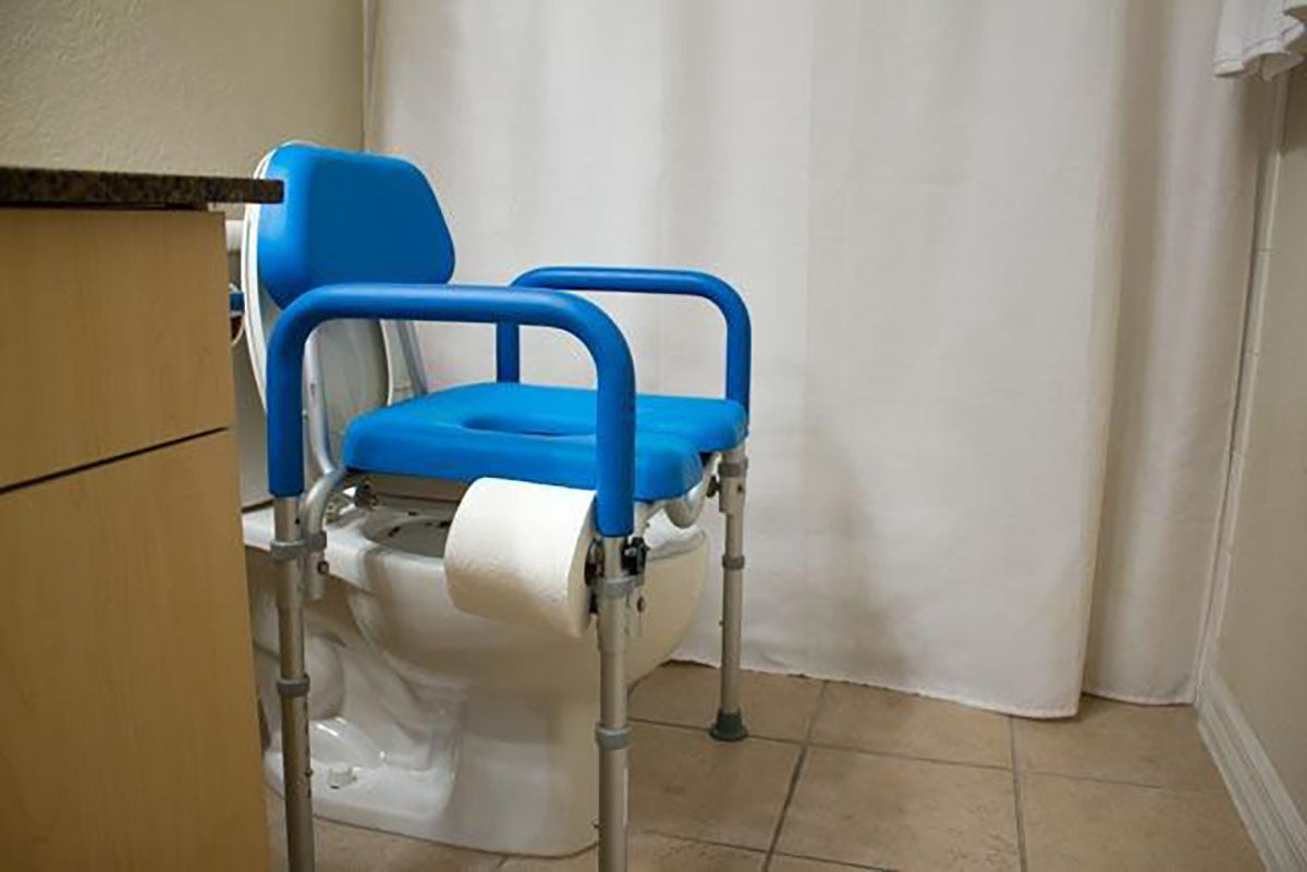 Dignity Commode Shower Chair, Padded, Adjustable Height, Toilet Paper Holder, Blue