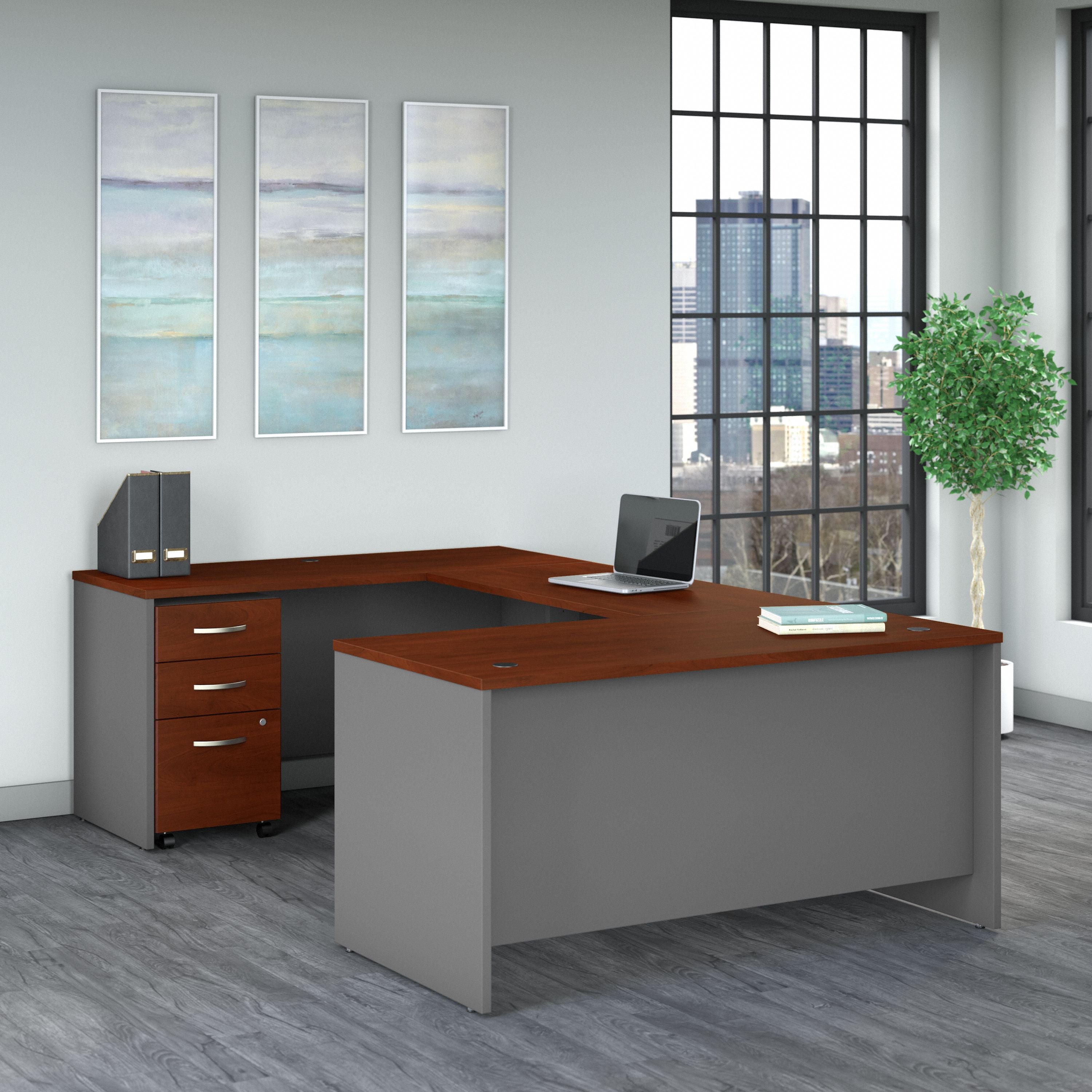 Bush Business Furniture Series C 60W U Shaped Desk with 3 Drawer Mobile File Cabinet in Hansen Cherry - 59.45" Width x 100.4" Depth x 29.84" Height