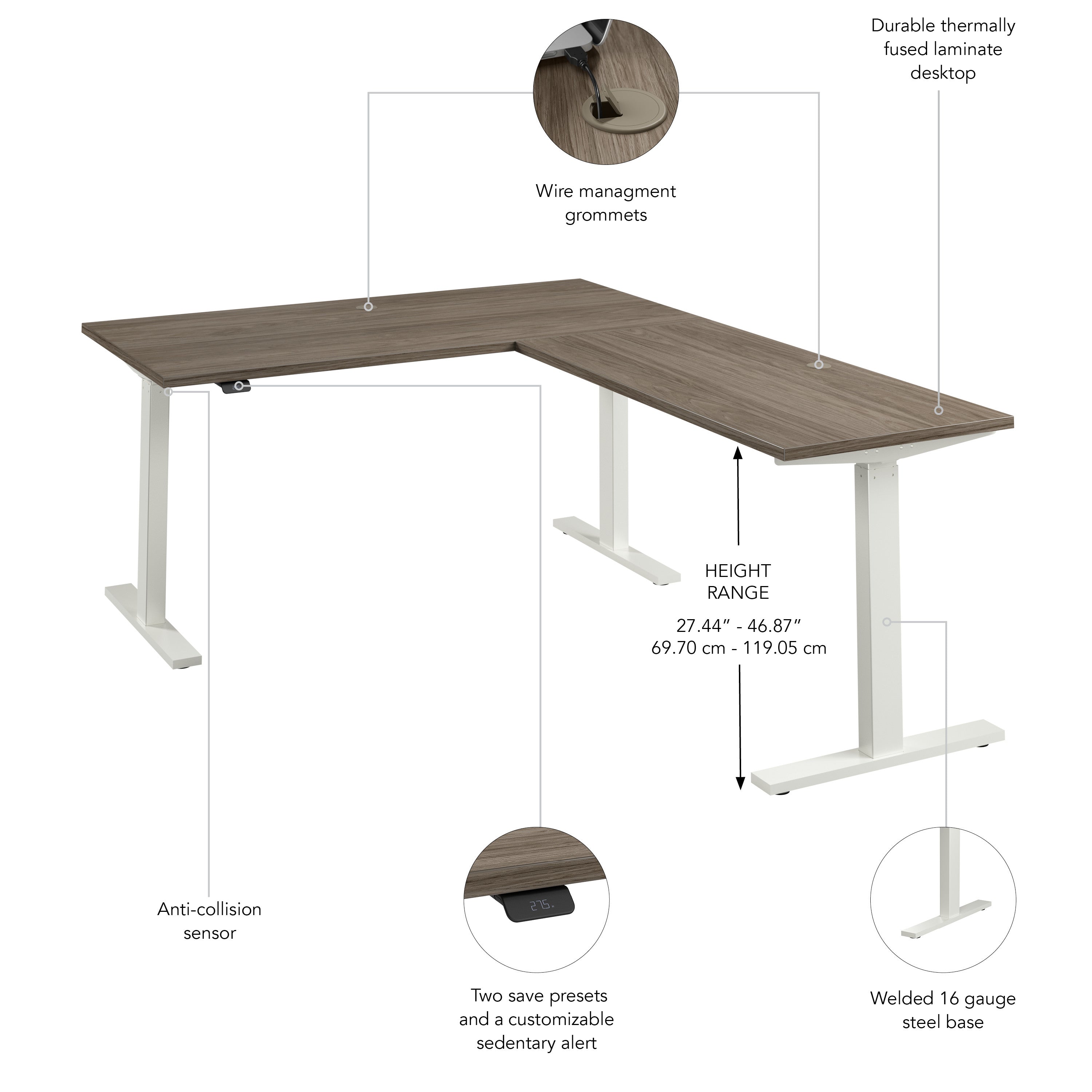 Bush Business Furniture Move 60 Series 60W Height Adjustable L Shaped Standing Desk in Modern Hickory with White Base - 59.45" Width x 76.97" Depth x 27.44" Height