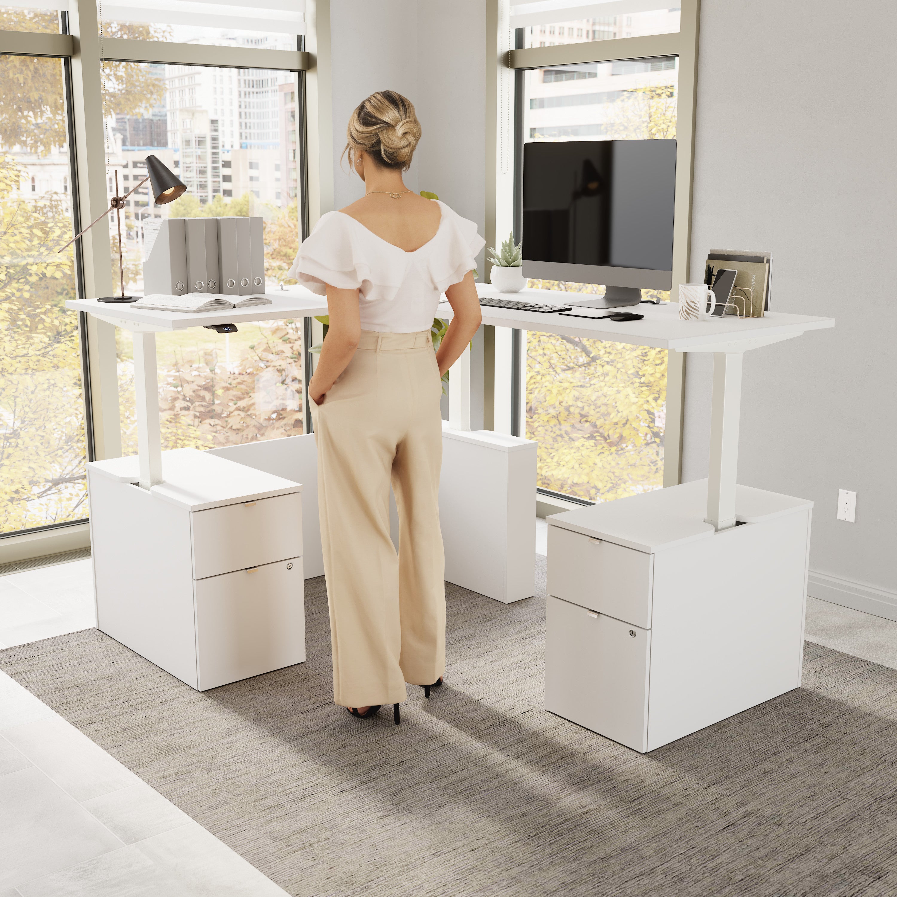 Bush Business Furniture Stratus&nbsp;60W x&nbsp;78D Height Adjustable L Shaped Standing Desk with Drawers in White with White Base - 59.45" Width x 76.97" Depth x 27.44" Height