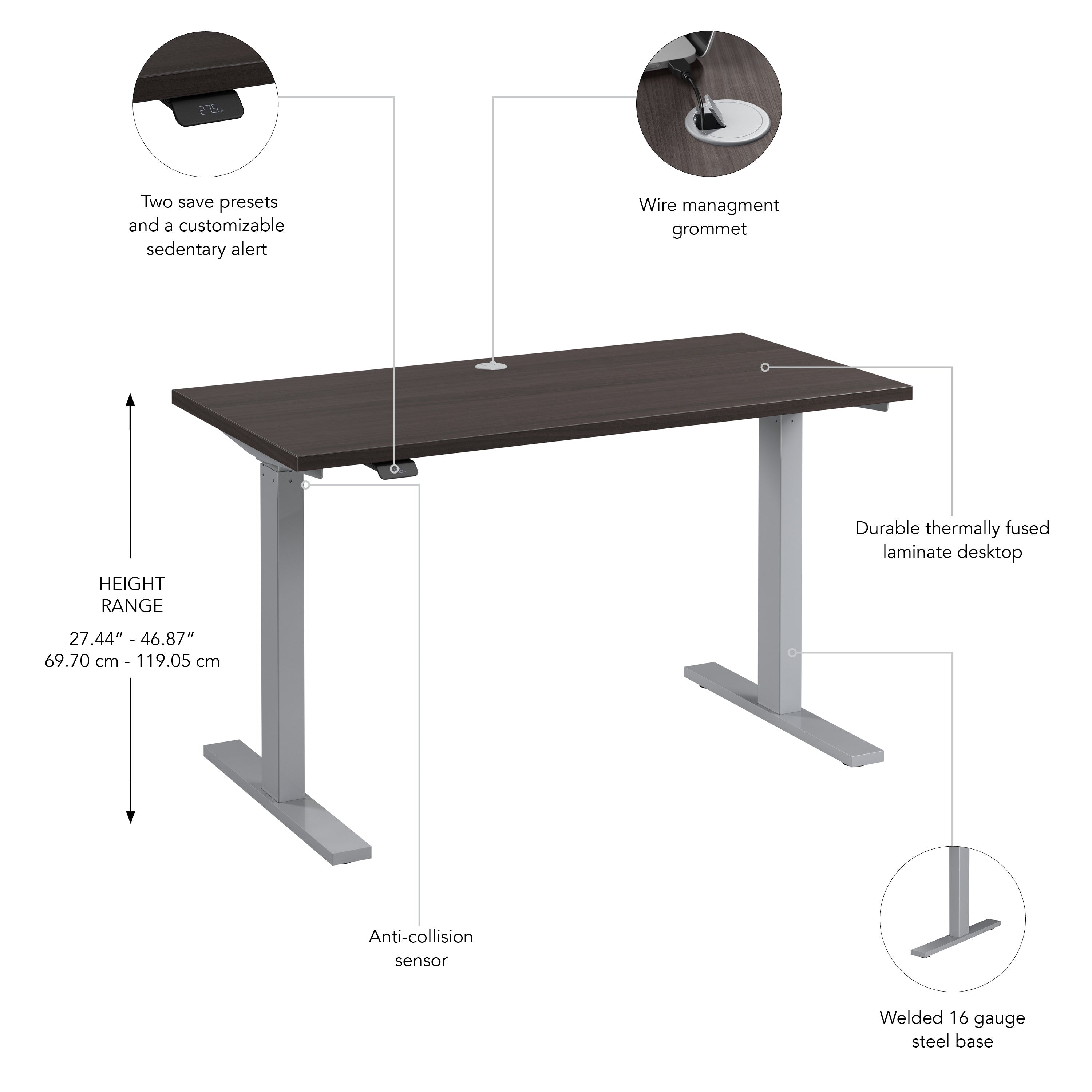 Bush Business Furniture Move 60 Series 48W x 24D Electric Height Adjustable Standing Desk in Storm Gray with Metallic Gray Base - 47.6" Width x 23.62" Depth x 47.69" Height