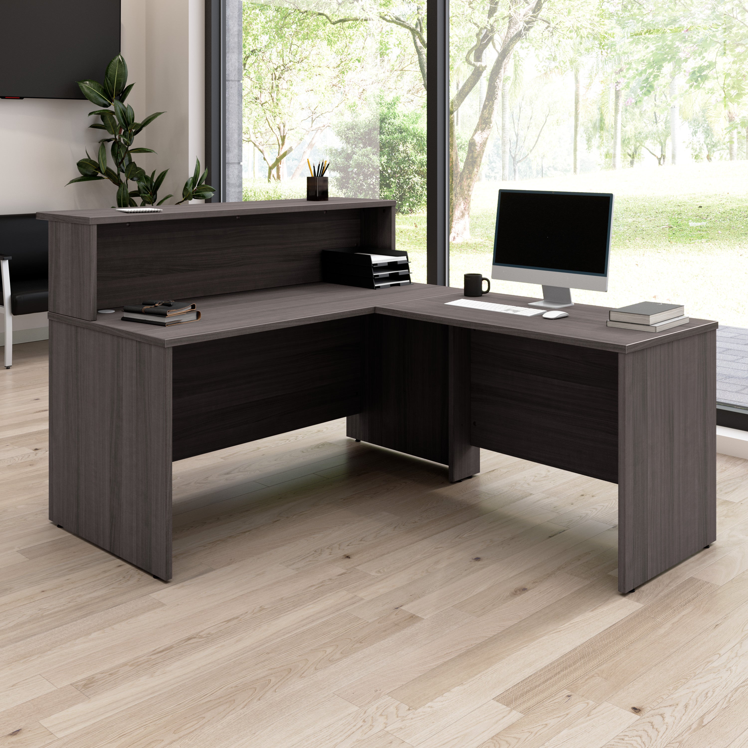 Bush Business Furniture Arrive 60W x 72D L Shaped Reception Desk with Shelf in Storm Gray - 59.45" Width x 71.02" Depth x 43.71" Height