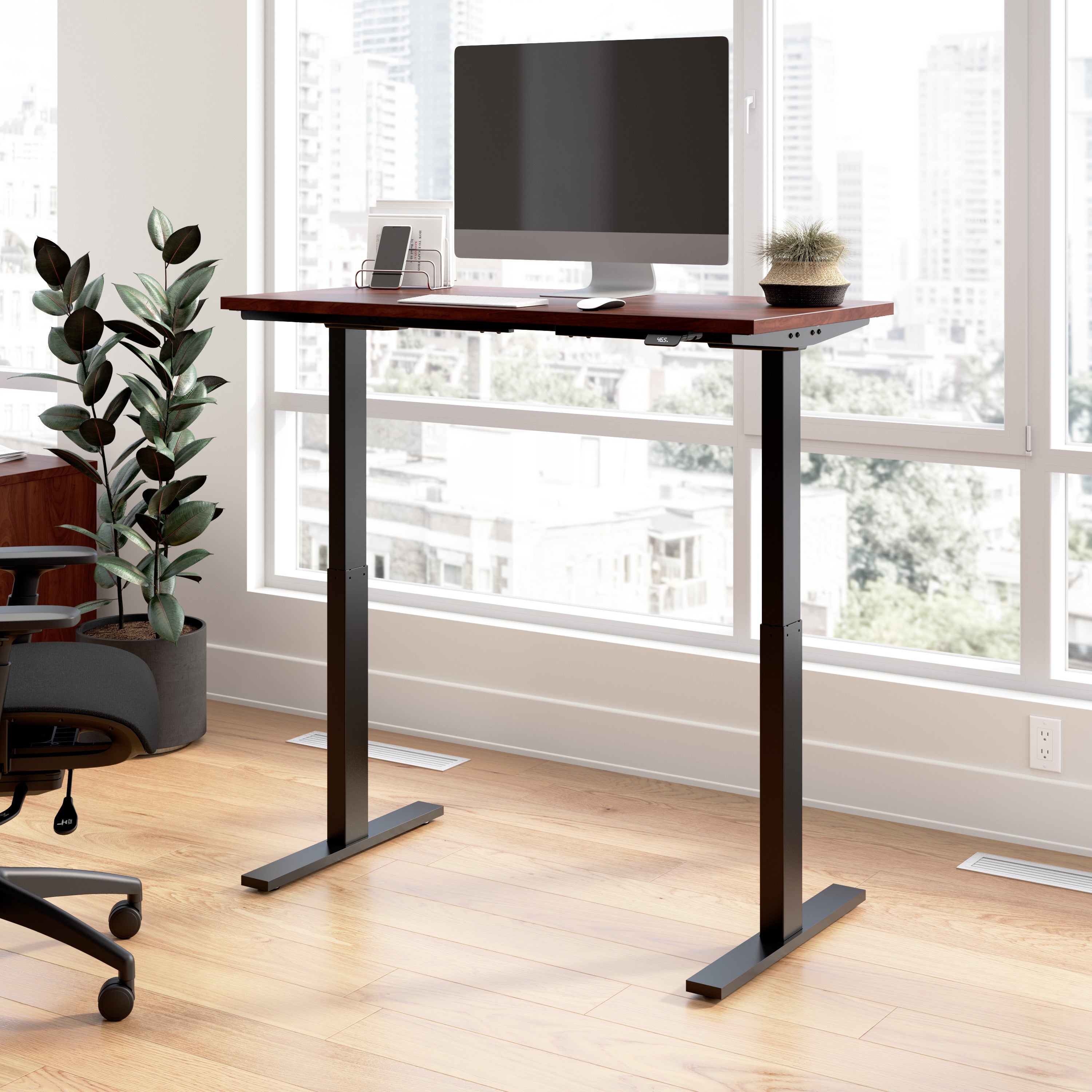 Bush Business Furniture Move 60 Series 48W x 24D Electric Height Adjustable Standing Desk in Hansen Cherry with Black Base - 47.6" Width x 23.62" Depth x 47.69" Height