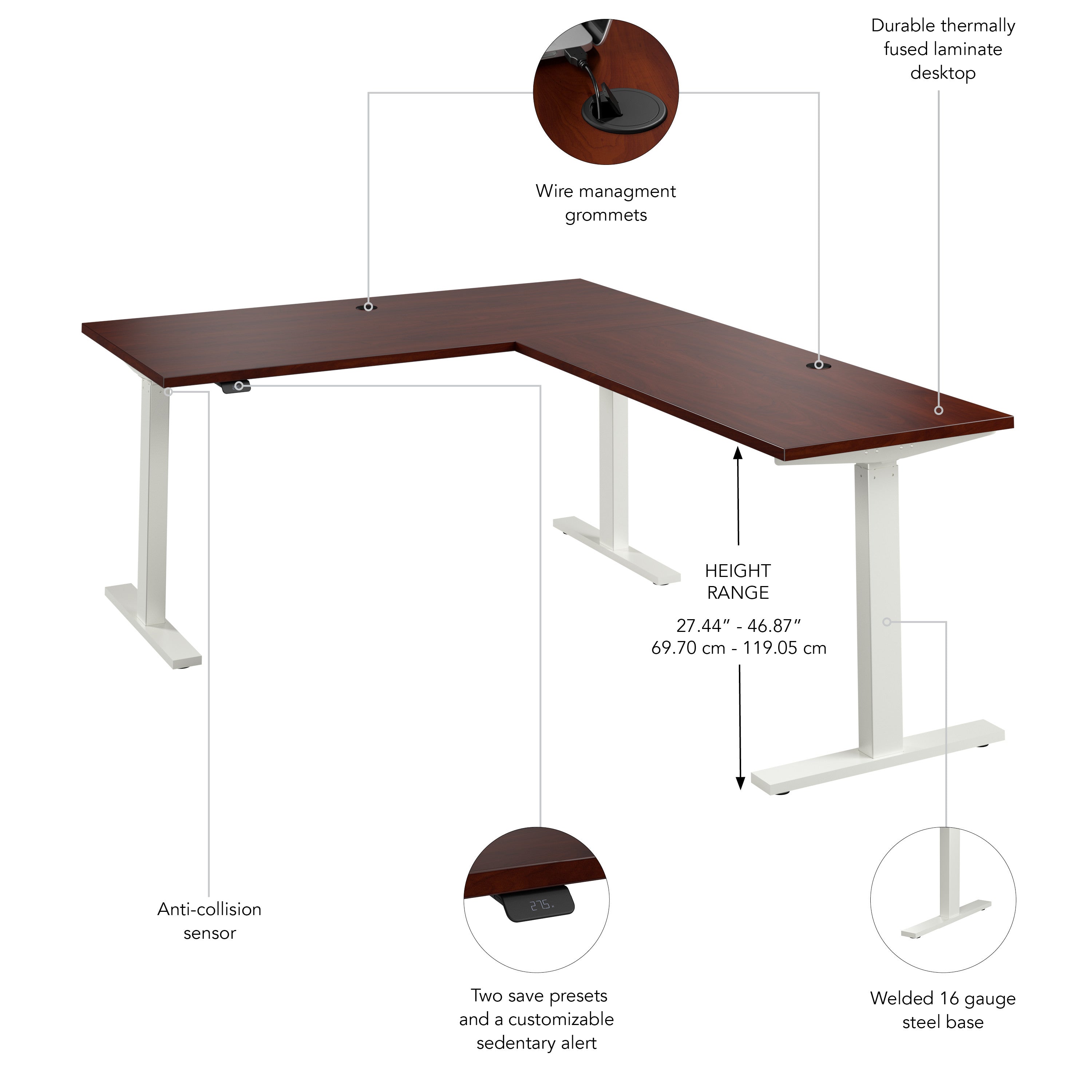 Bush Business Furniture Move 60 Series 60W Height Adjustable L Shaped Standing Desk in Hansen Cherry with White Base - 59.45" Width x 76.97" Depth x 27.44" Height