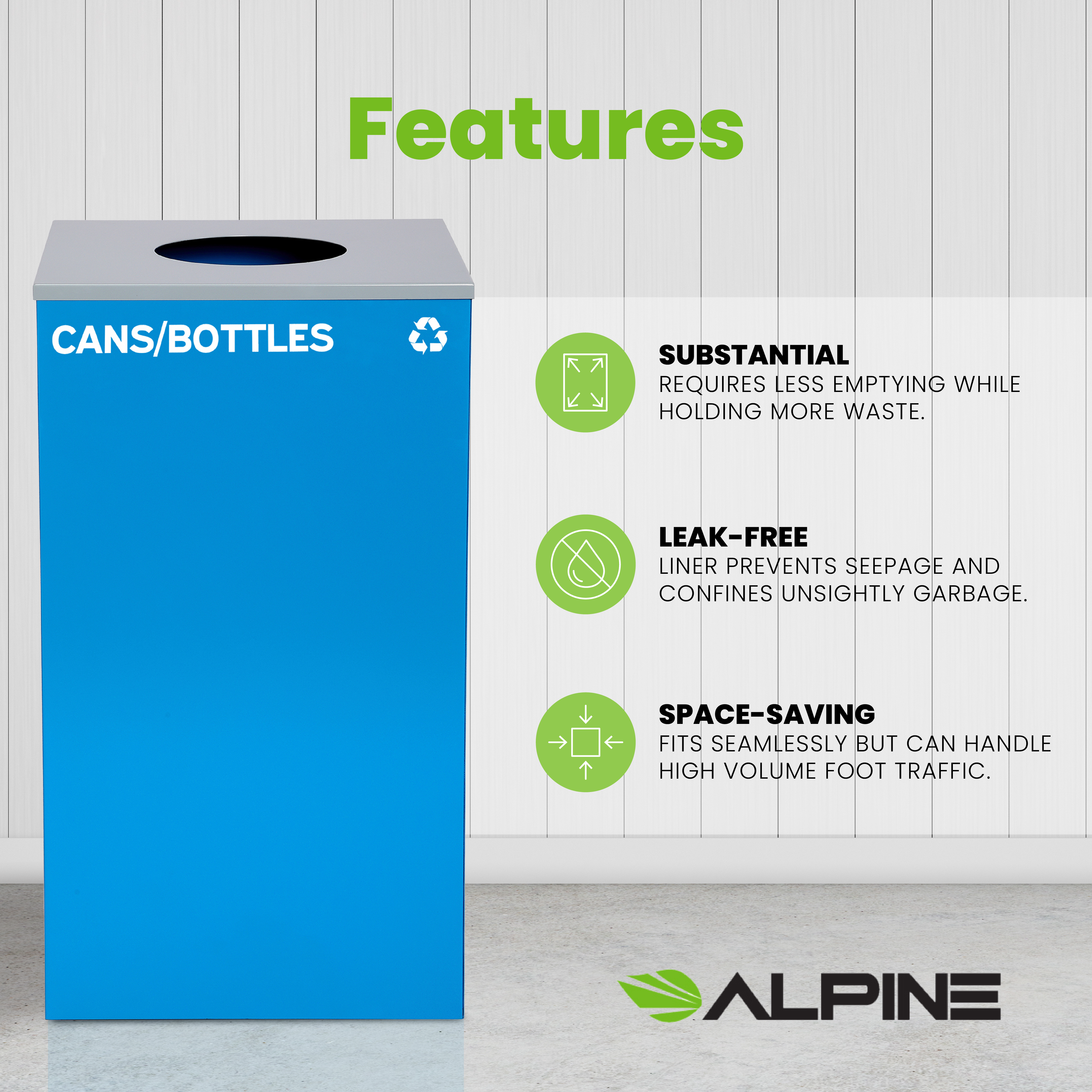 Square Recycling Bin – 29 Gallons - Blue Can, Circle Opening Lid, for Cans/Bottles