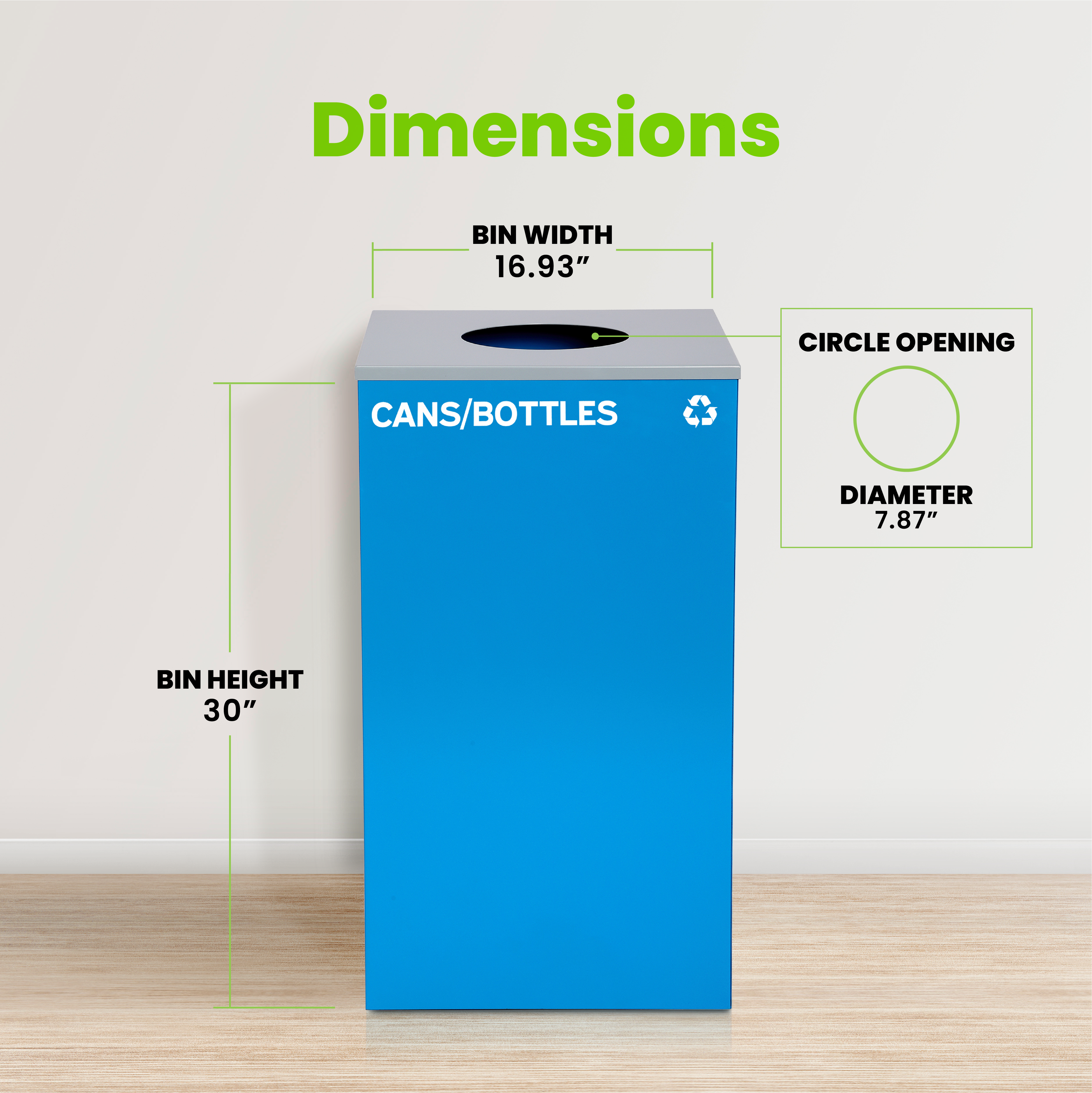 Square Recycling Bin – 29 Gallons - Blue Can, Circle Opening Lid