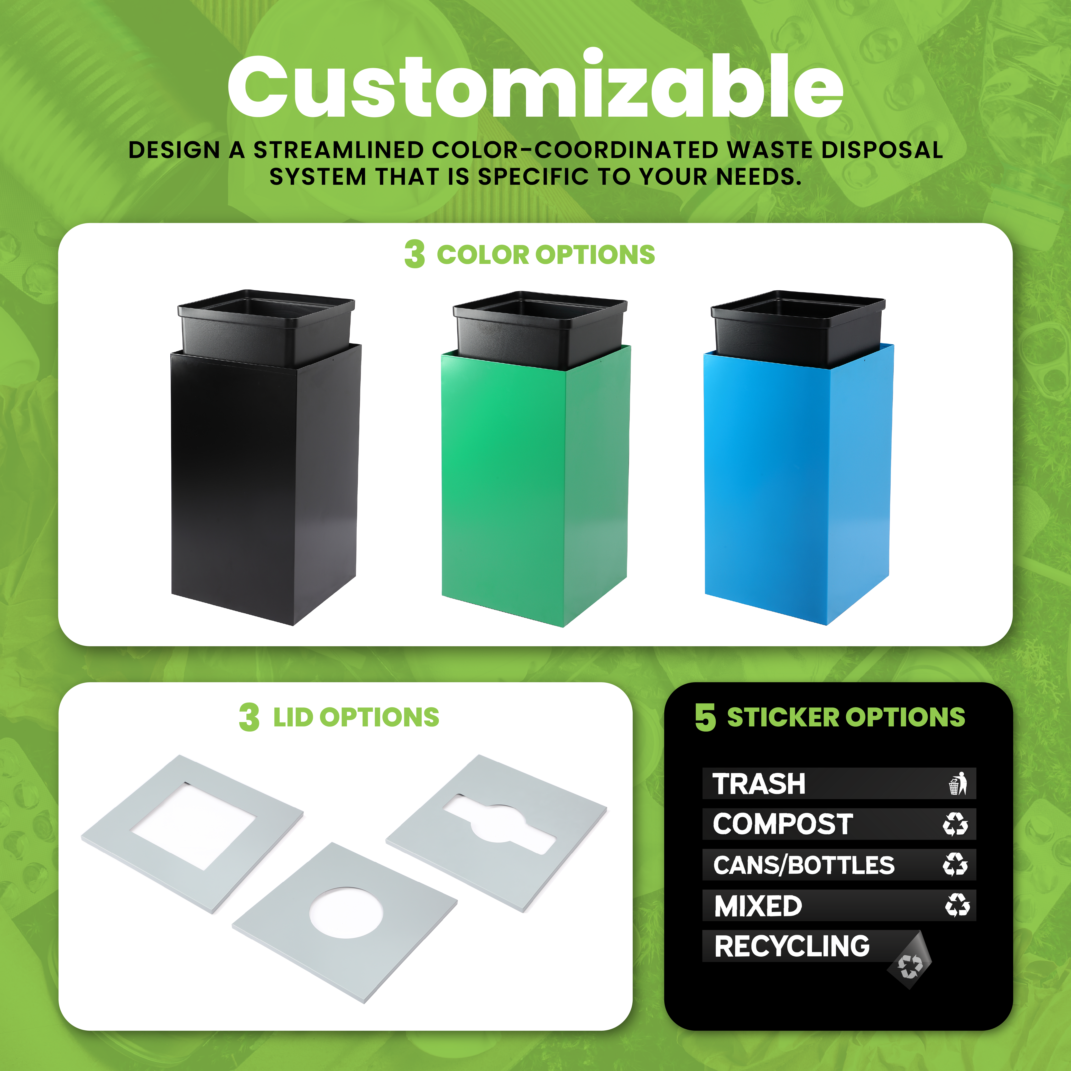 Square Recycling Bin – 29 Gallons - Blue Can, Circle Opening Lid, for Cans/Bottles