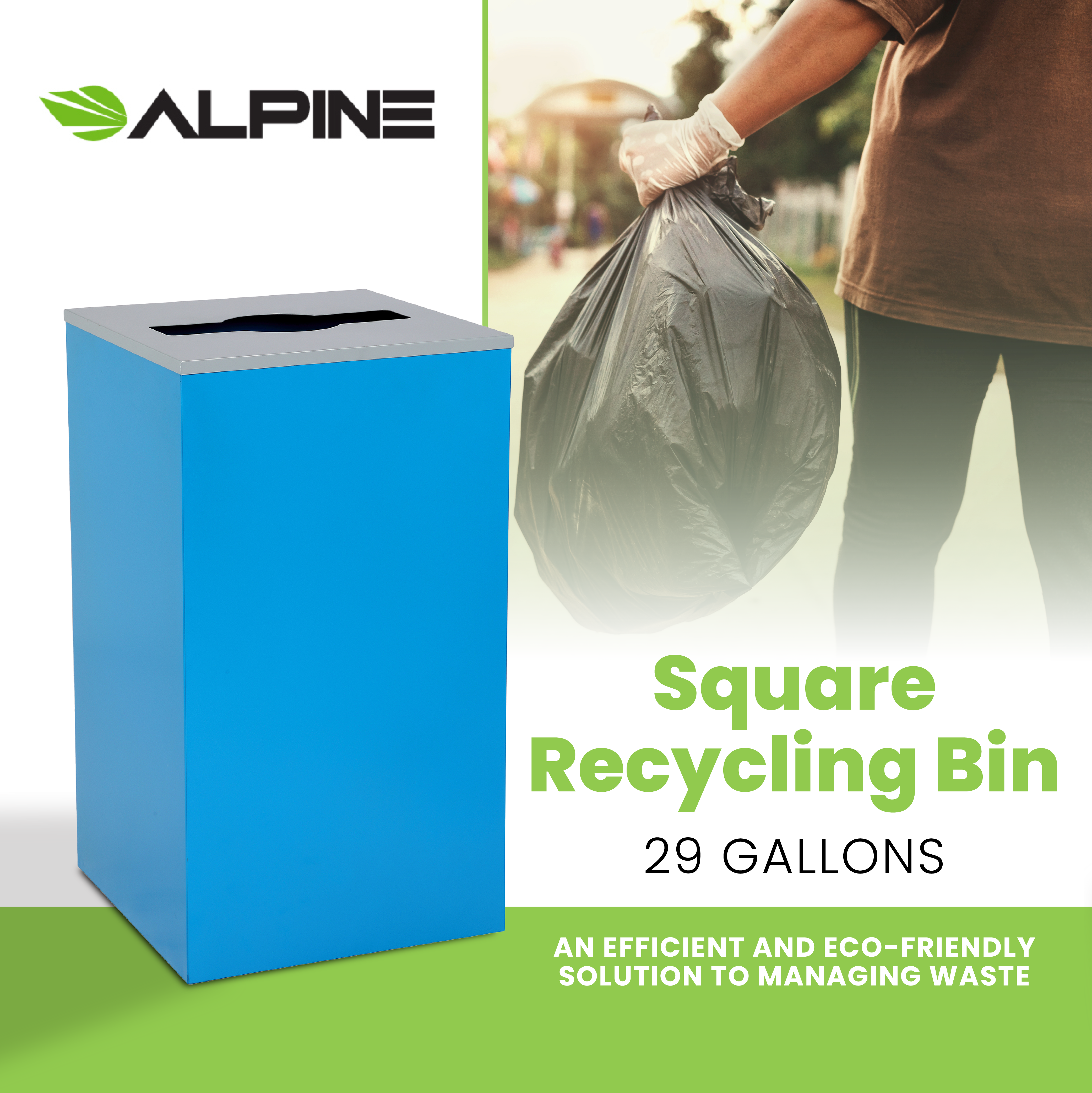 Square Recycling Bin – 29 Gallons - Blue Can, Mixed Opening Lid