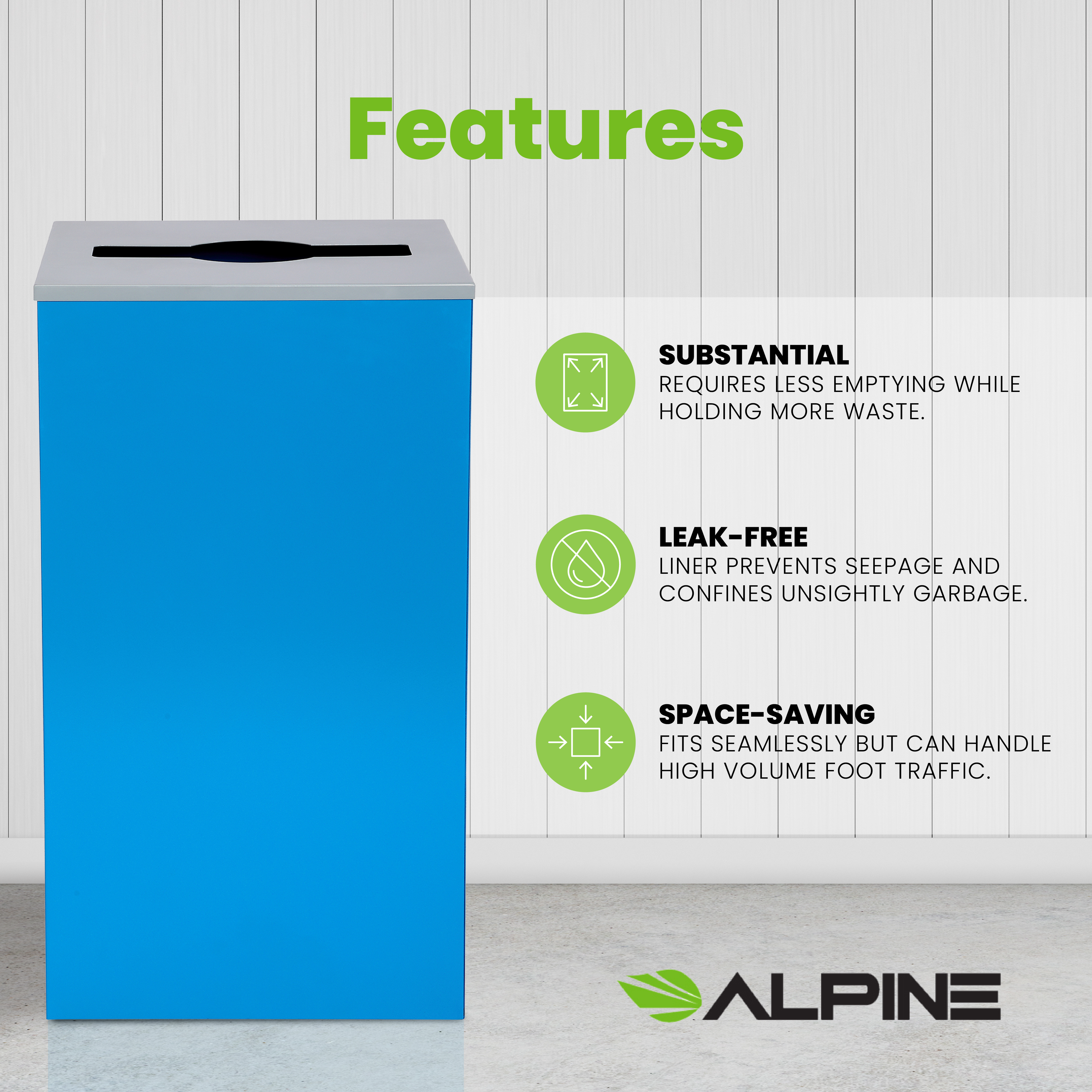 Square Recycling Bin – 29 Gallons - Blue Can, Mixed Opening Lid