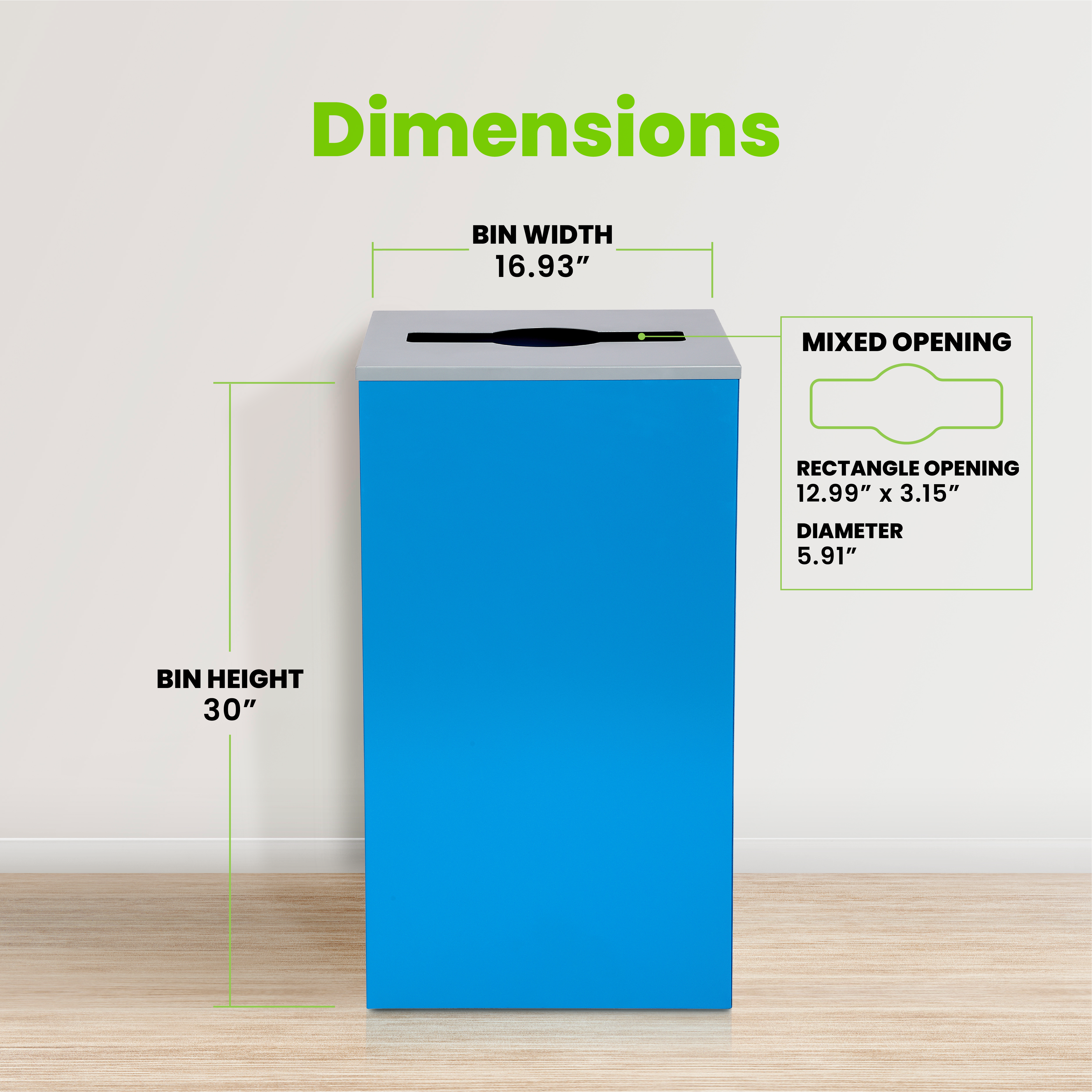 Square Recycling Bin – 29 Gallons - Blue Can, Mixed Opening Lid