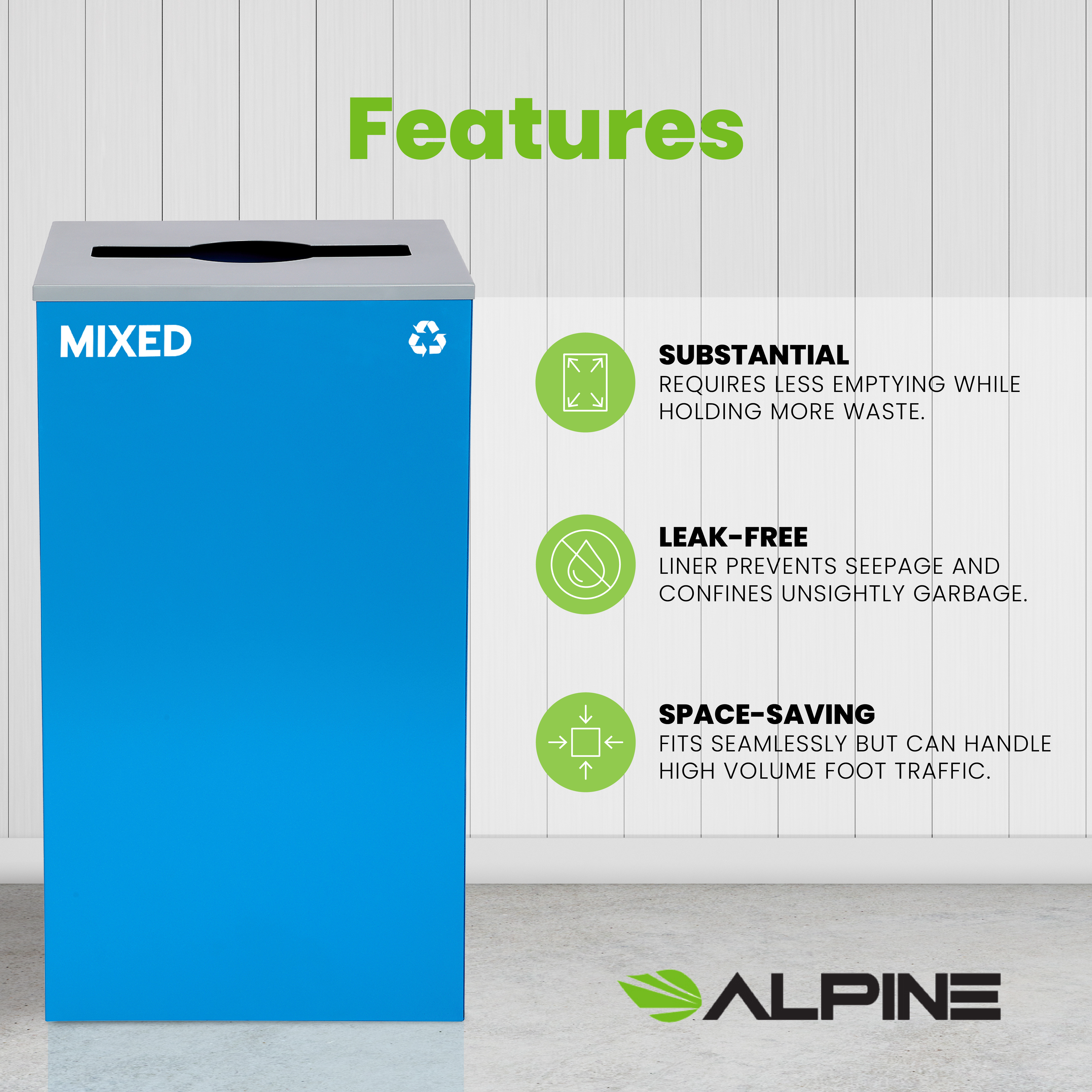 Square Recycling Bin – 29 Gallons - Blue Can, Mixed Opening Lid, for Mixed