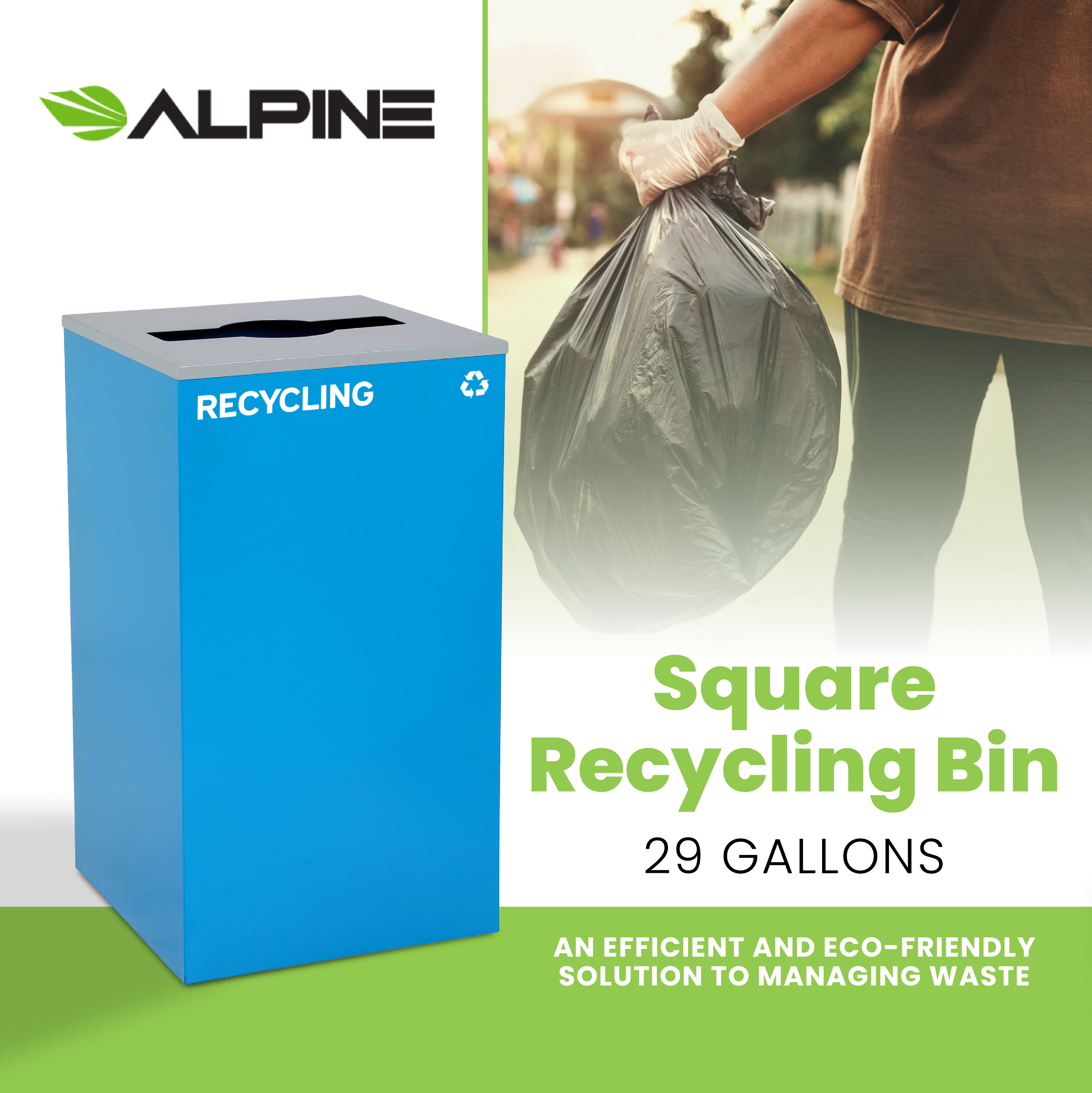 Square Recycling Bin – 29 Gallons - BlueCan, Mixed Opening Lid, for Recycling