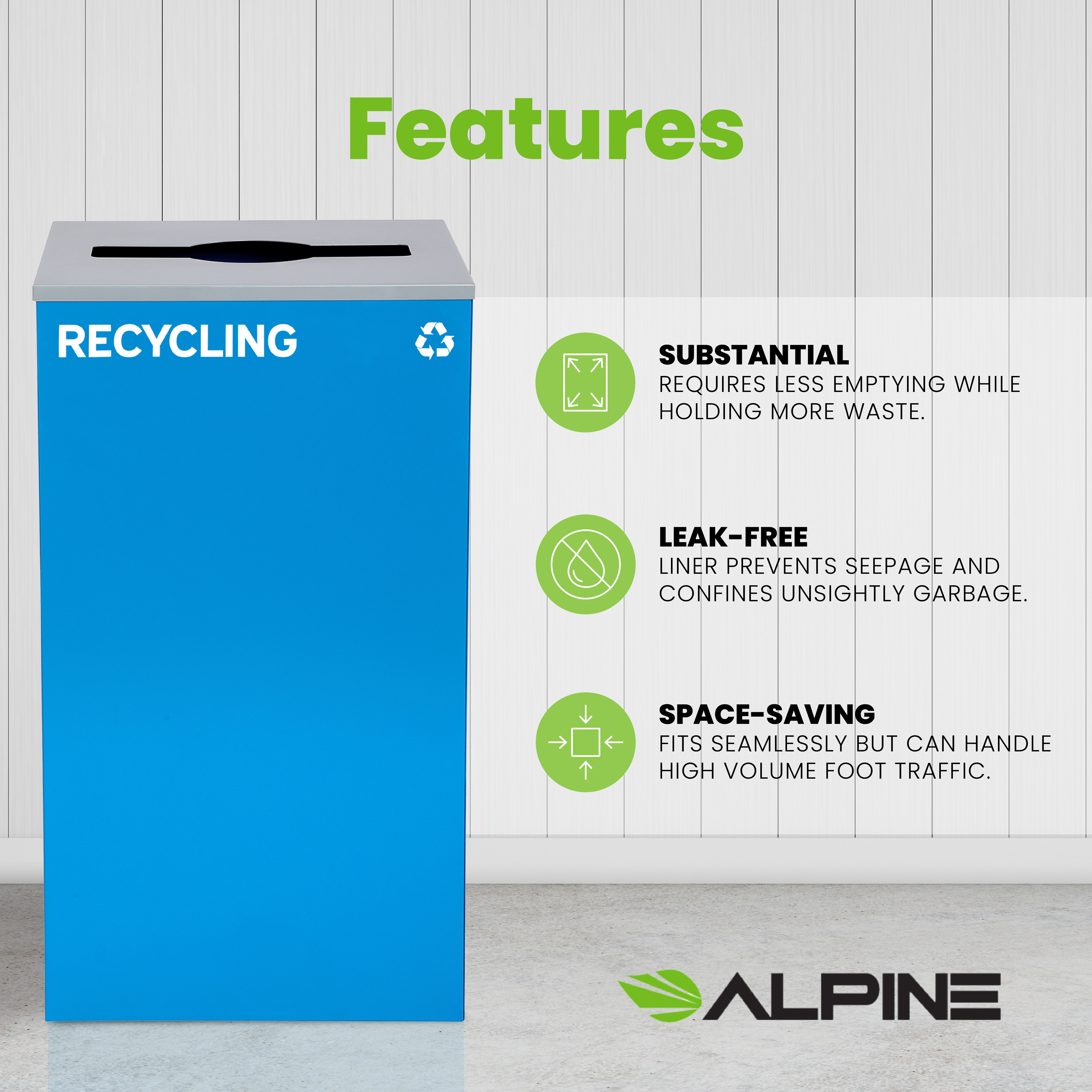 Square Recycling Bin – 29 Gallons - BlueCan, Mixed Opening Lid, for Recycling