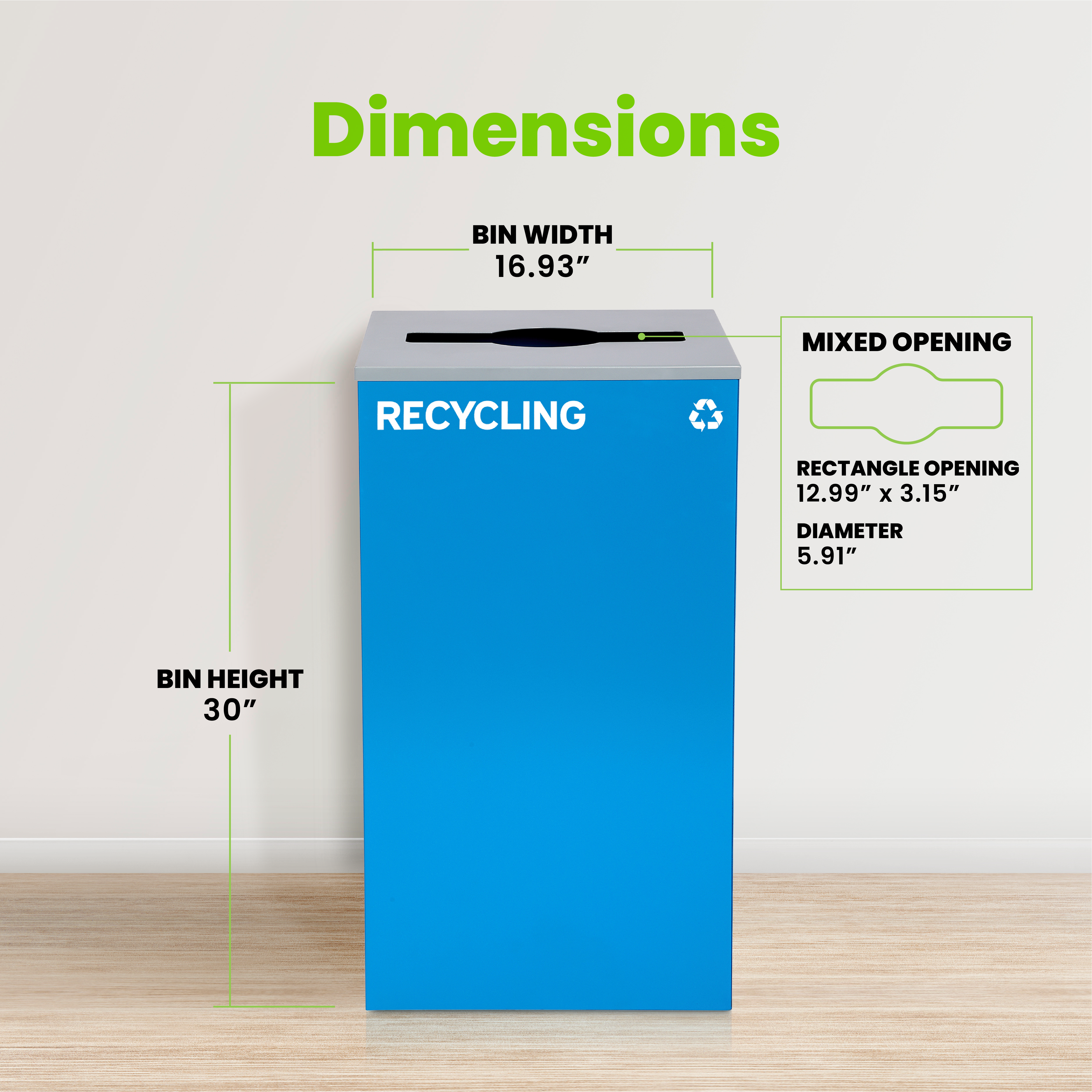 Square Recycling Bin – 29 Gallons - BlueCan, Mixed Opening Lid, for Recycling
