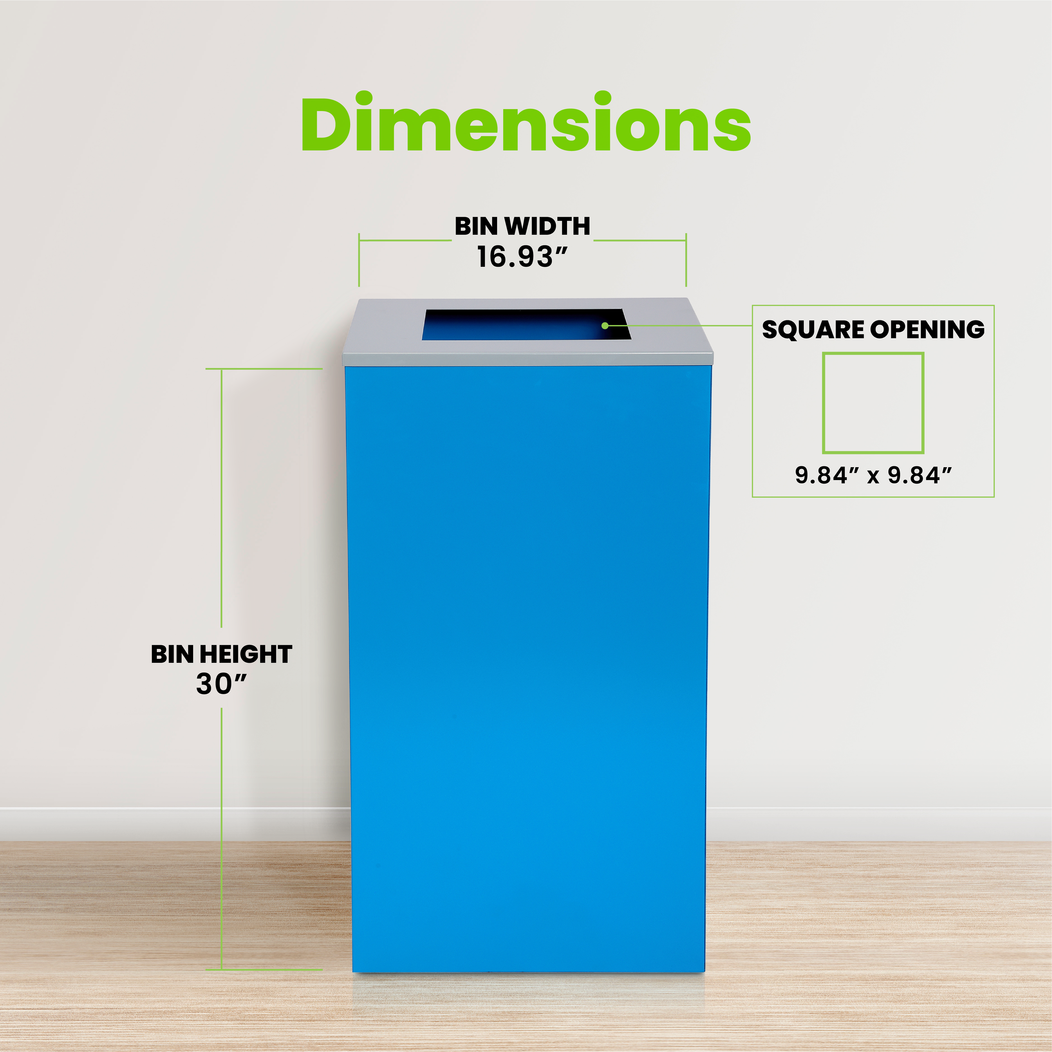 Square Recycling Bin – 29 Gallons - Blue Can, Square Opening Lid