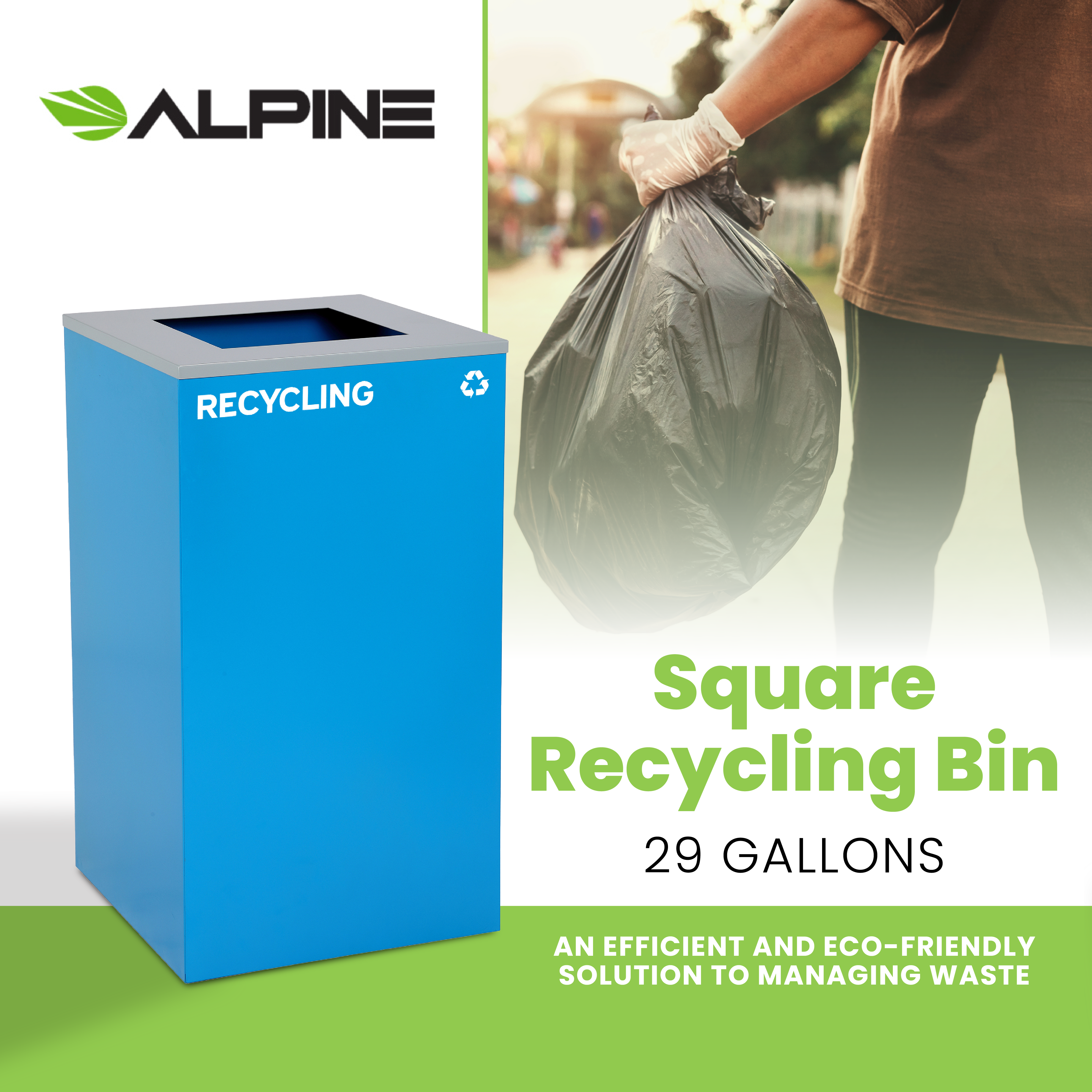 Square Recycling Bin – 29 Gallons - Blue Can, Square Opening Lid, for Recycling