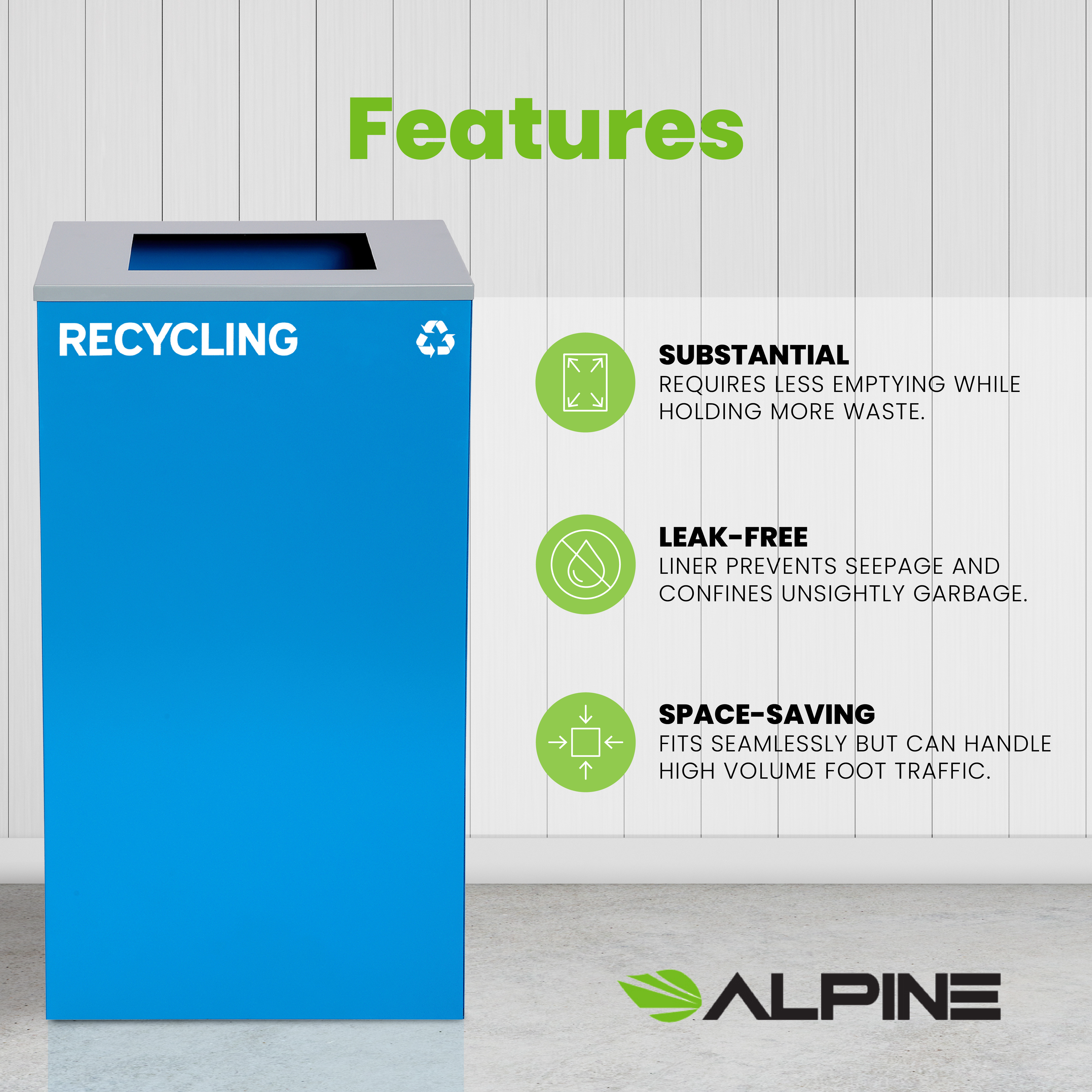 Square Recycling Bin – 29 Gallons - Blue Can, Square Opening Lid, for Recycling