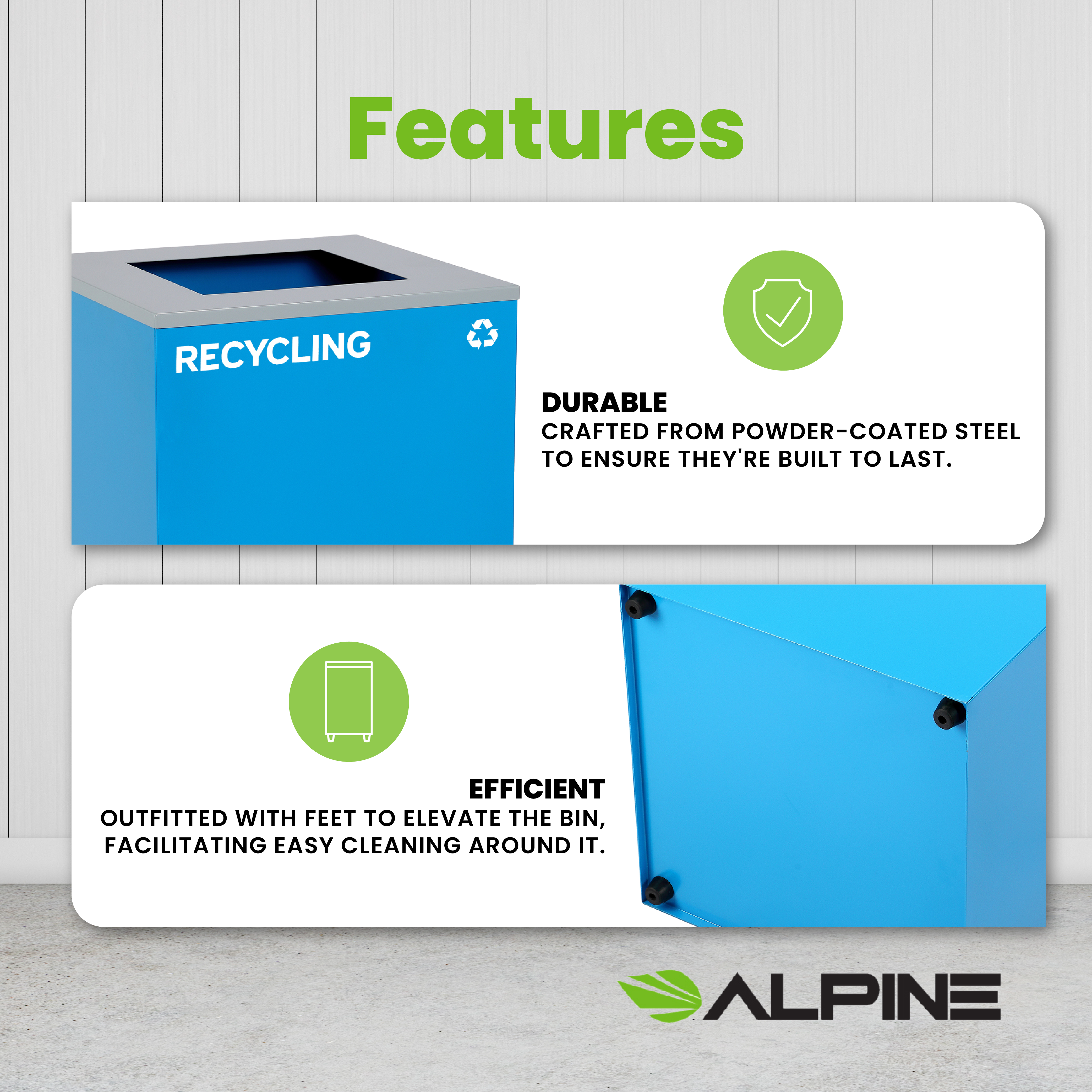 Square Recycling Bin – 29 Gallons - Blue Can, Square Opening Lid, for Recycling