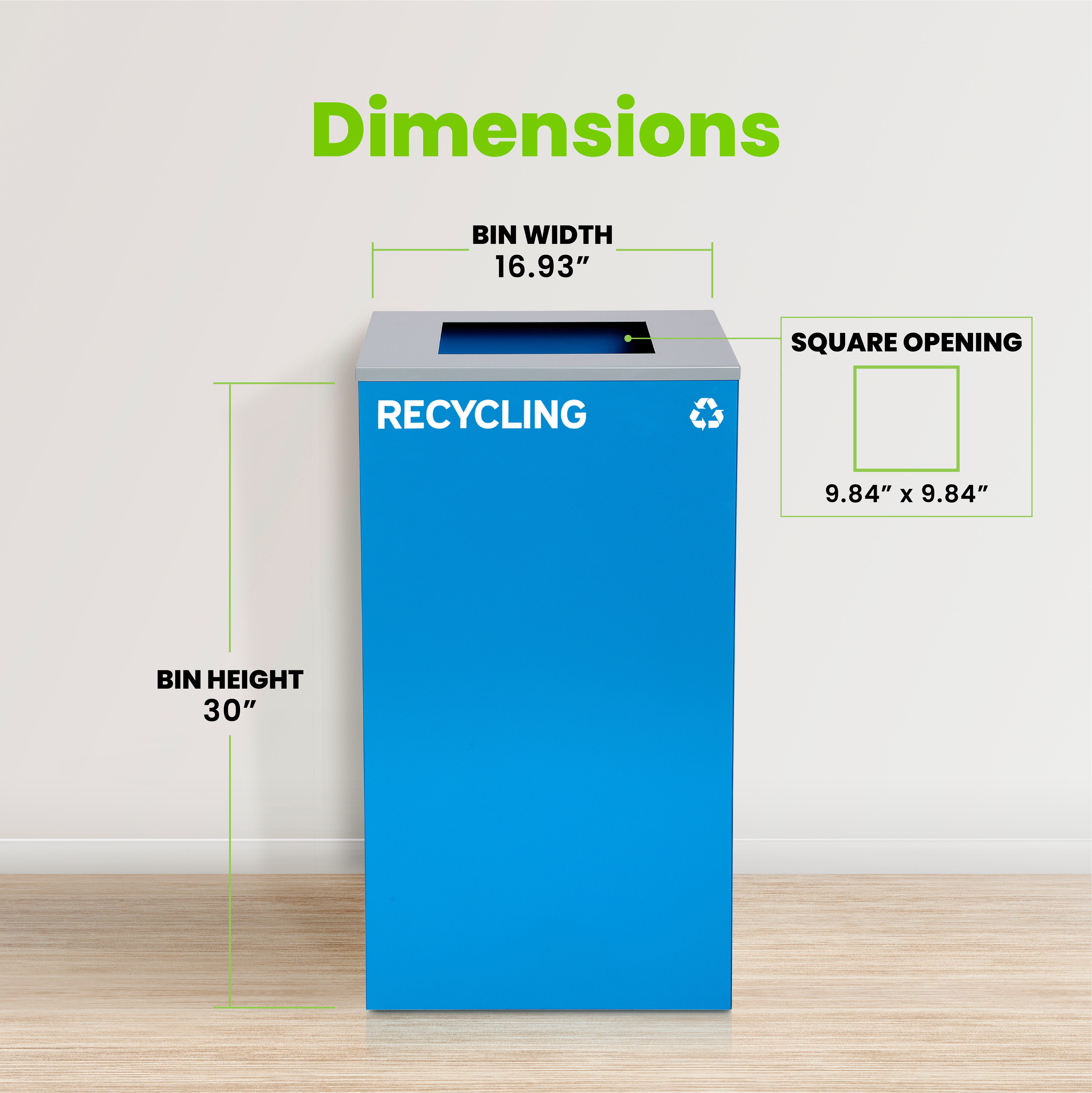 Square Recycling Bin – 29 Gallons - Blue Can, Square Opening Lid, for Recycling