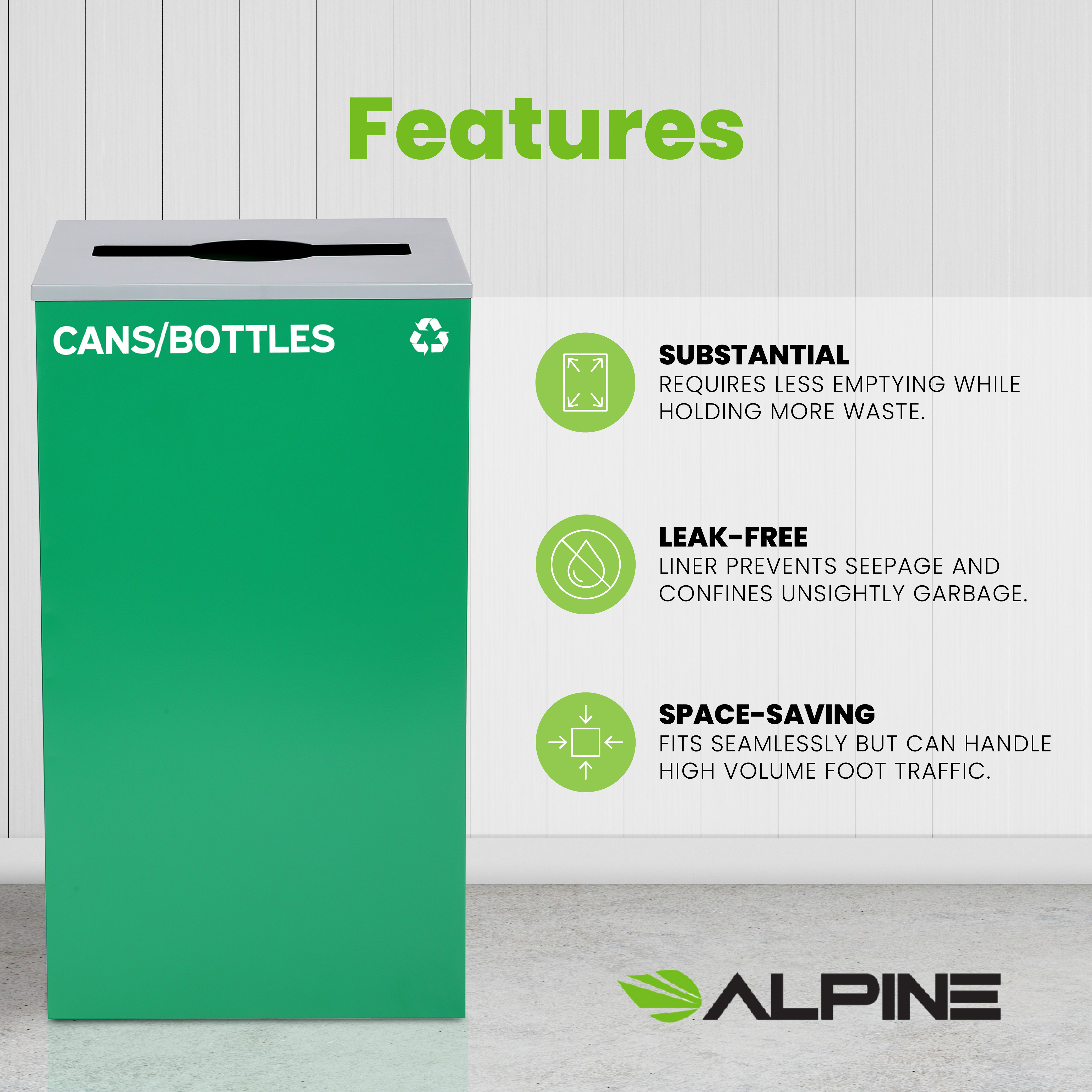 Square Recycling Gin – 29 Gallons - Green Can, Mixed Opening Lid, for Cans/Bottles