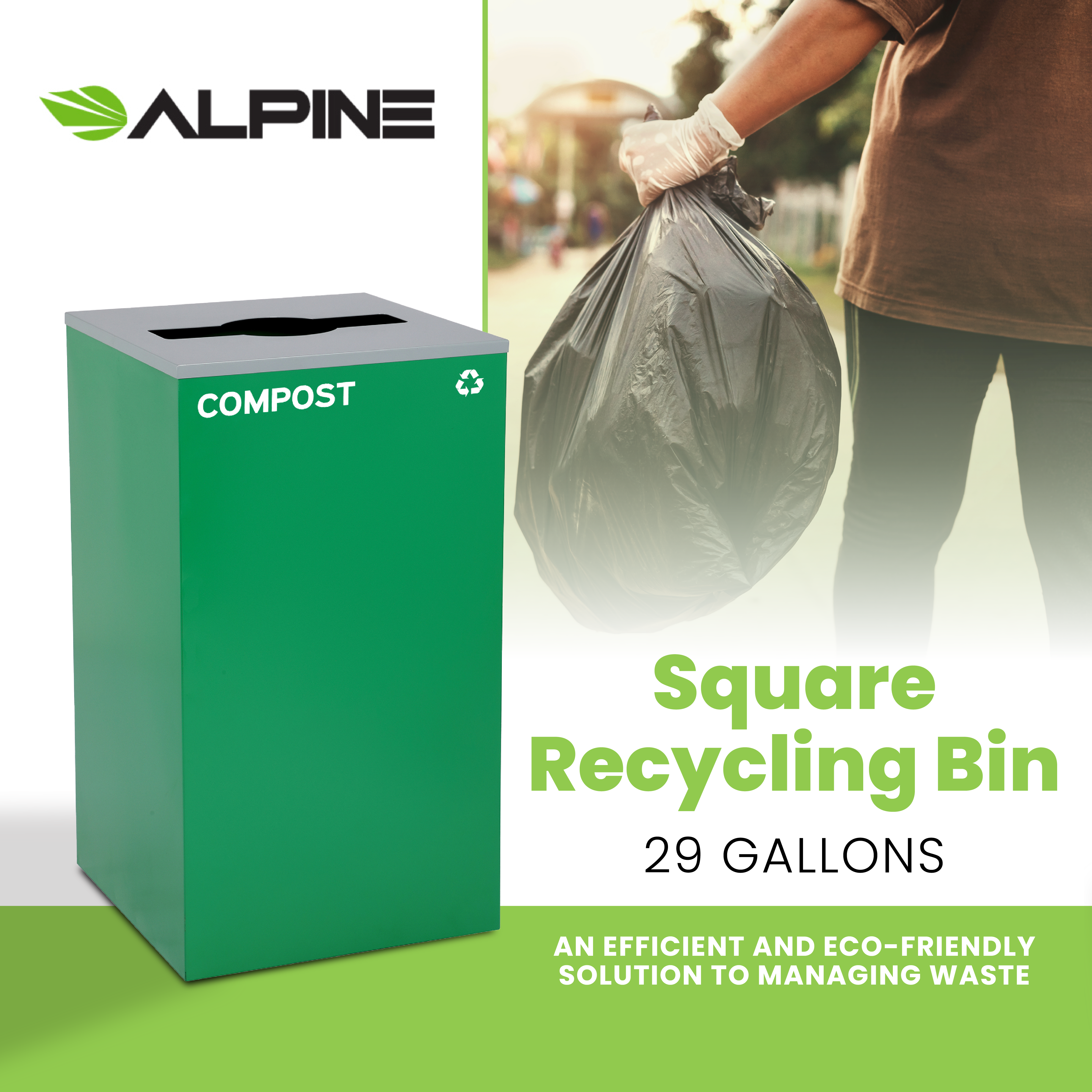Alpine Industries 87 Gal. 3-Stream Steel Blue Cans & Bottles, Green Compost, and Black Commercial Trash Can Station
