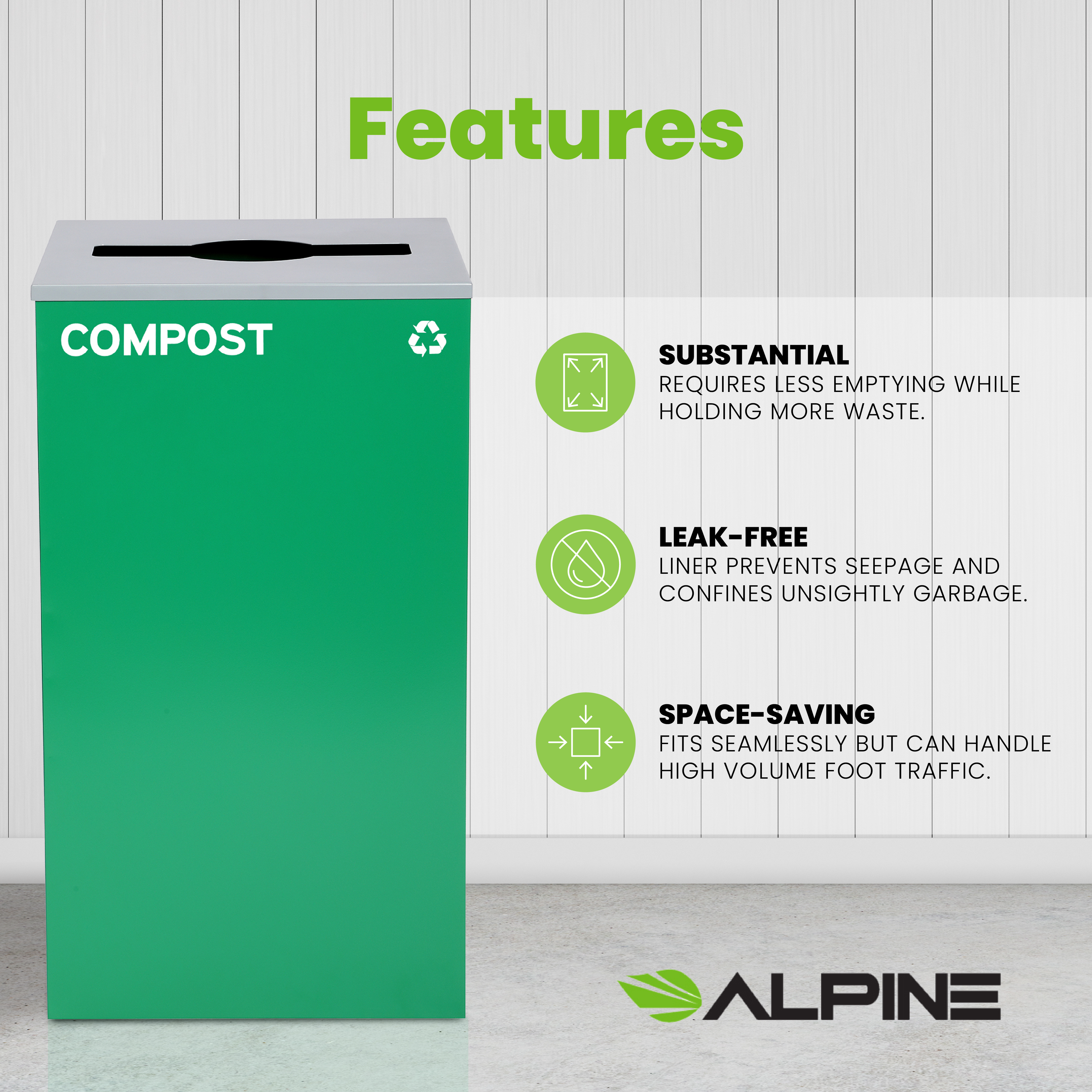 Square Recycling Bin – 29 Gallons - Green Can, Mixed Opening Lid, for Compost