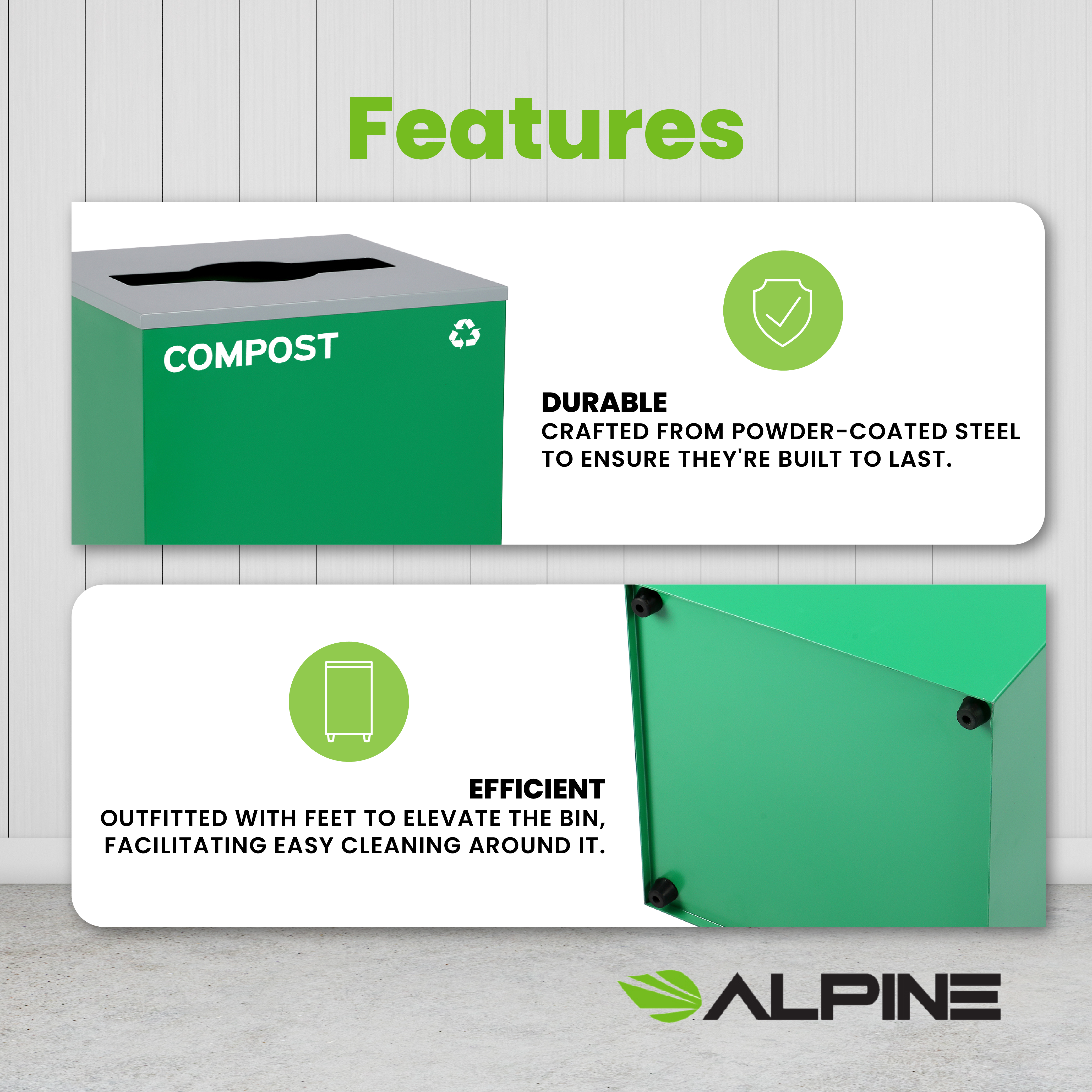 Alpine Industries 87 Gal. 3-Stream Steel Blue Mixed, Green Compost, and Black Commercial Trash Can Station