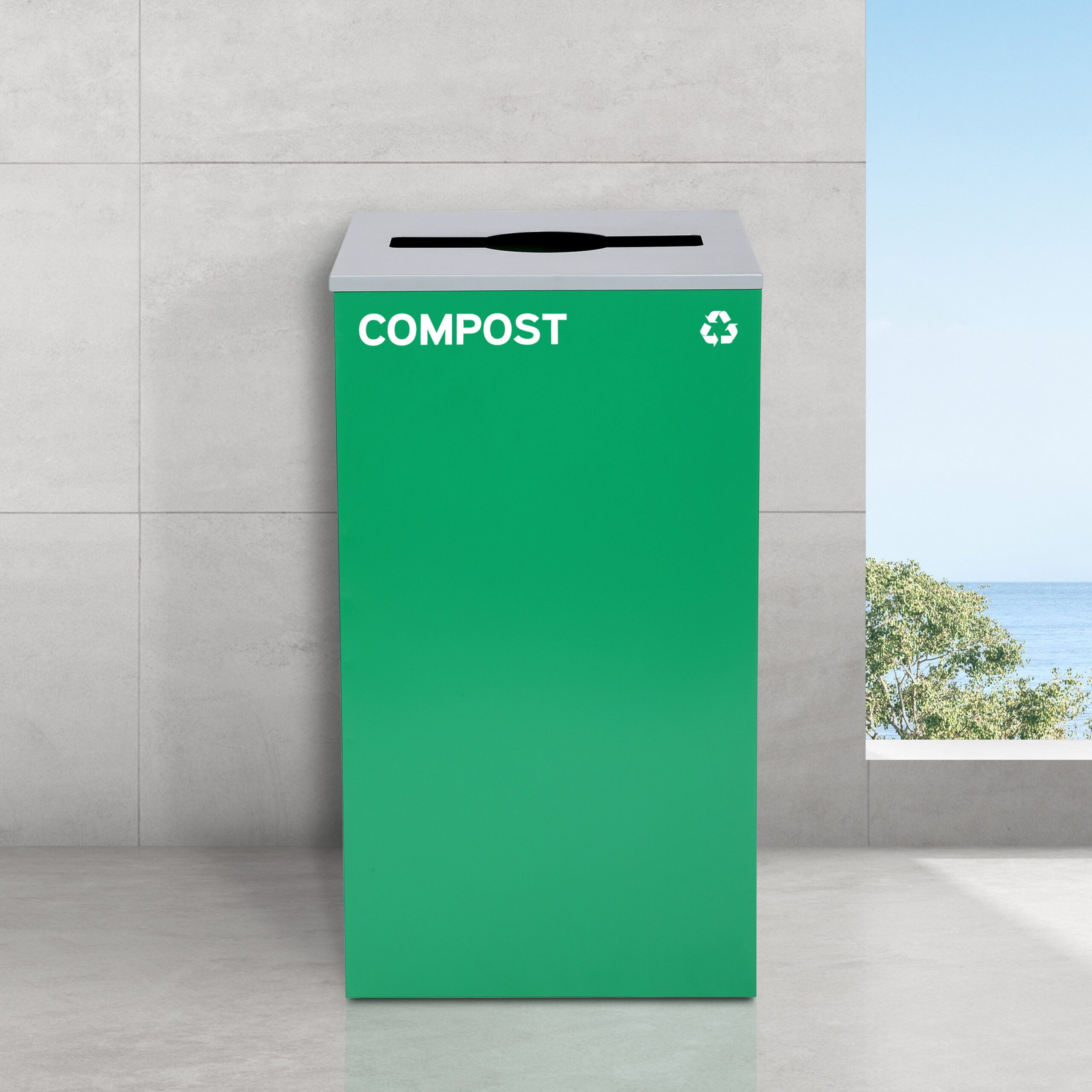Square Recycling Bin – 29 Gallons - Green Can, Mixed Opening Lid, for Compost