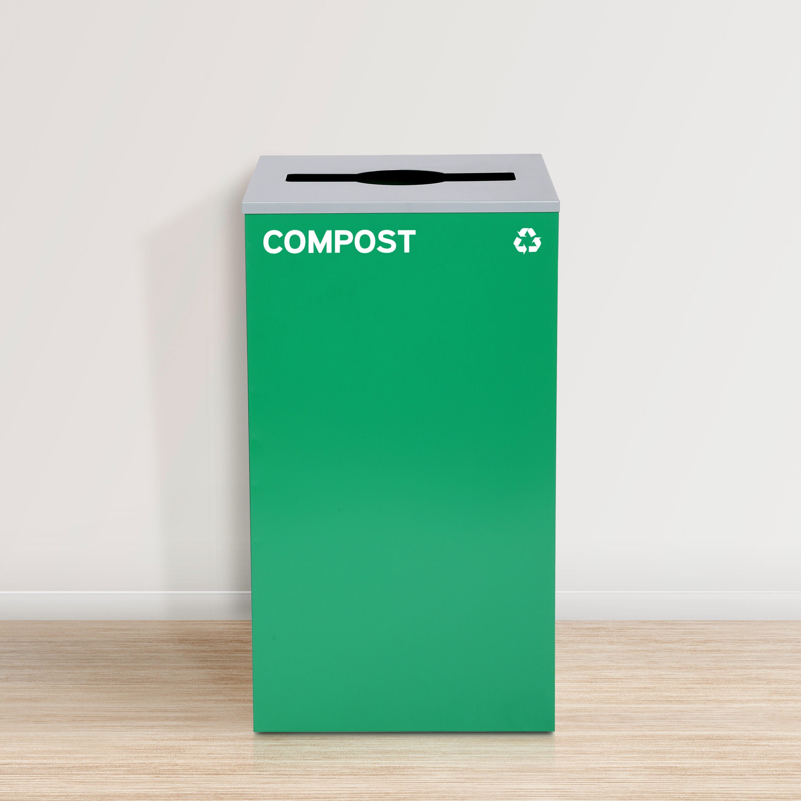 Square Recycling Bin – 29 Gallons - Green Can, Mixed Opening Lid, for Compost