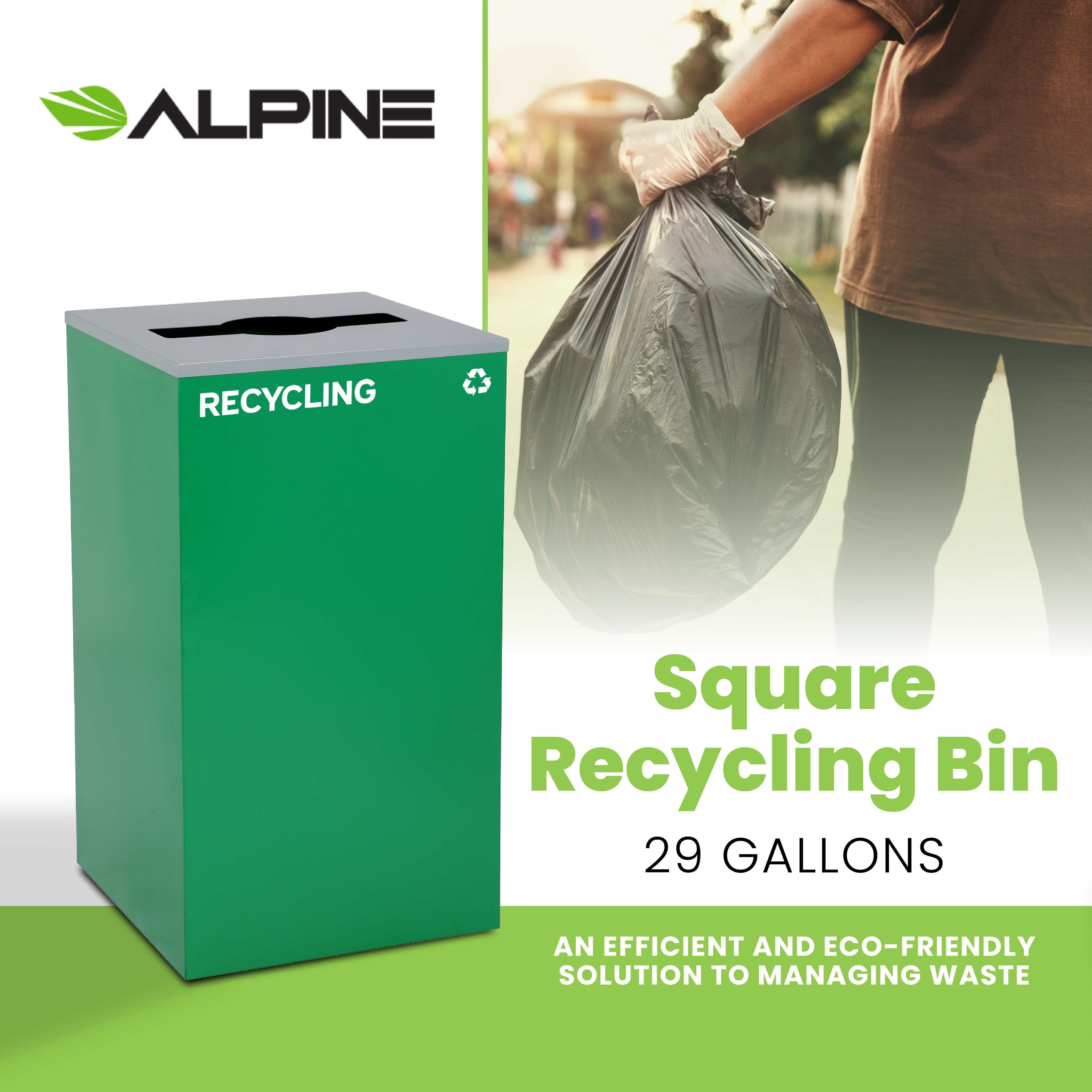 Square Recycling Bin – 29 Gallons - Green Can, Mixed Opening Lid, for Recycling