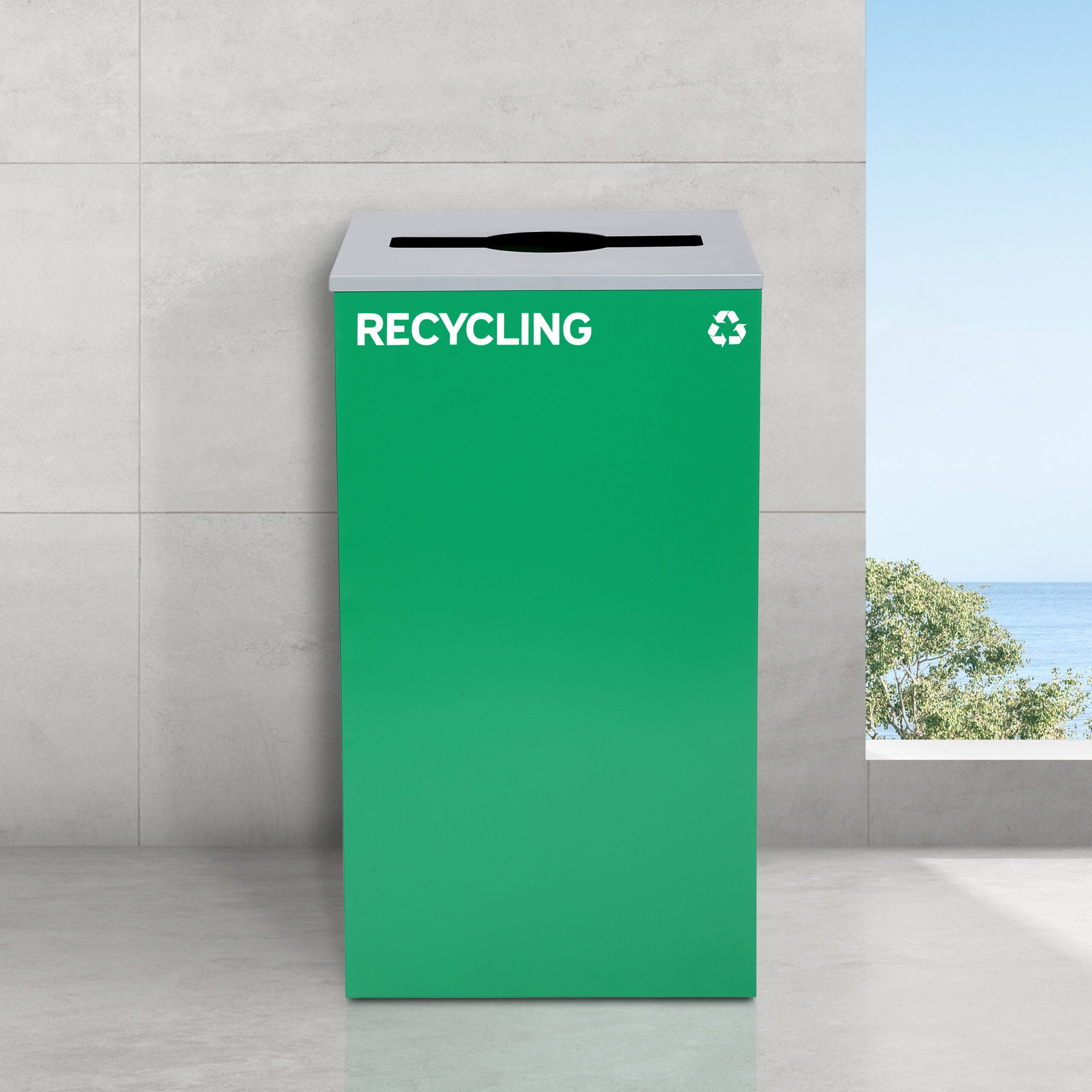 Square Recycling Bin – 29 Gallons - Green Can, Mixed Opening Lid, for Recycling