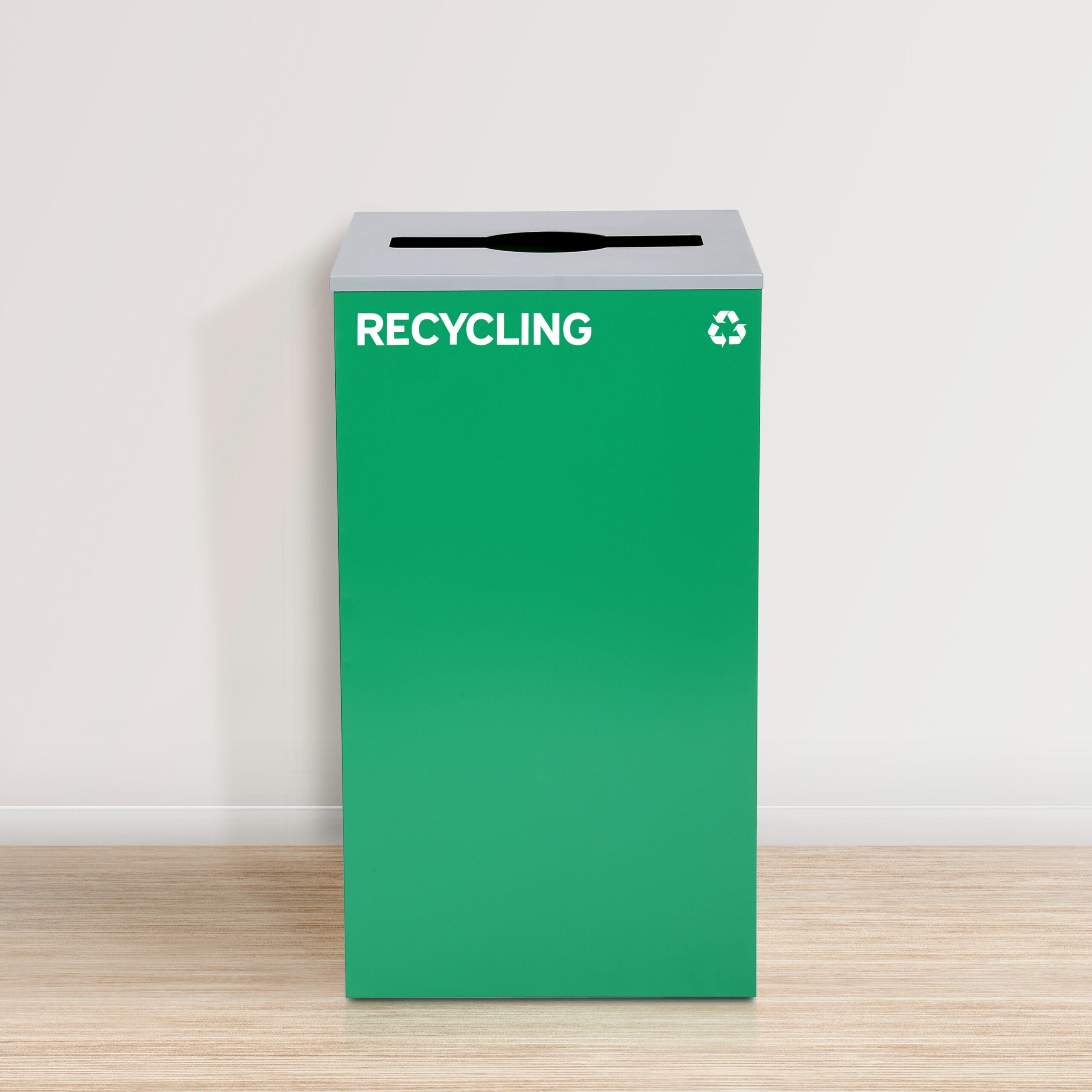 Square Recycling Bin – 29 Gallons - Green Can, Mixed Opening Lid, for Recycling