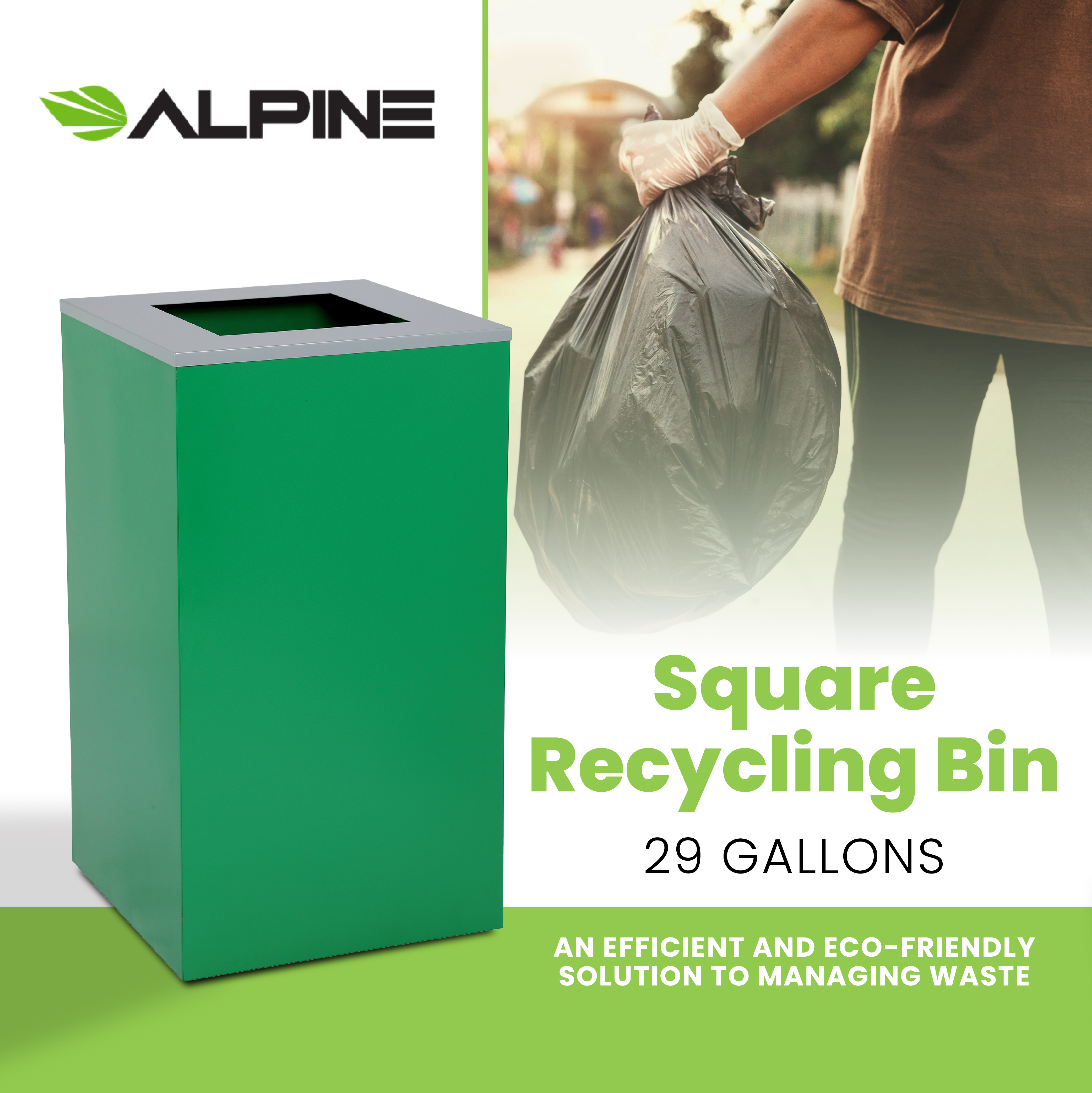 Square Recycling Gin – 29 Gallons - Green Can, Square Opening Lid