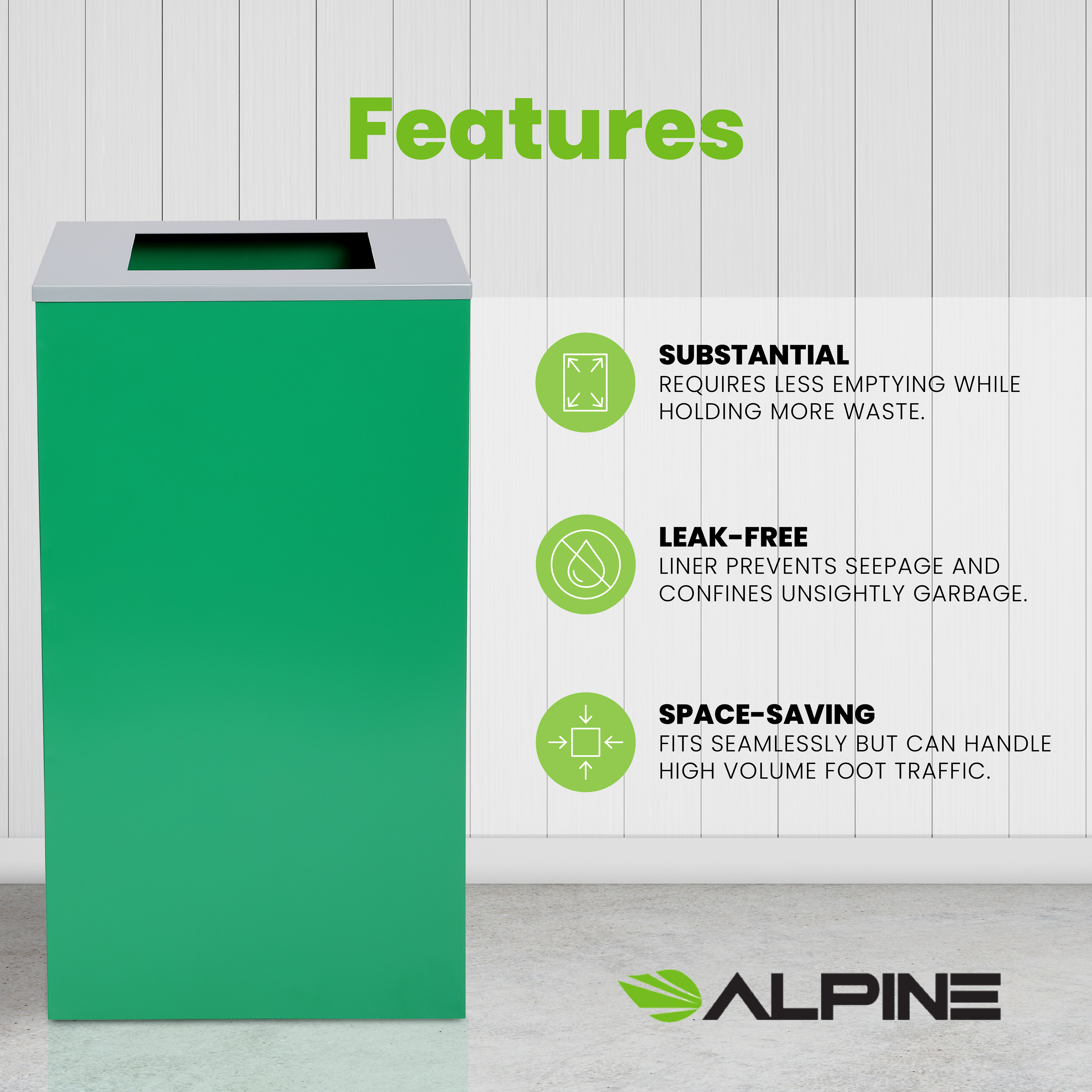 Square Recycling Gin – 29 Gallons - Green Can, Square Opening Lid
