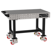 Welding Fixture Table, Fixed Height, 36"H x 48"L x 30"D, 1/4" Carbon Steel Top, Four Black Powdercoat Legs, Handle, 4 Heavy Duty Suspension Casters (2 Locking/Swiveling Casters and 2 Non-Locking/Non-SwivelingCasters)