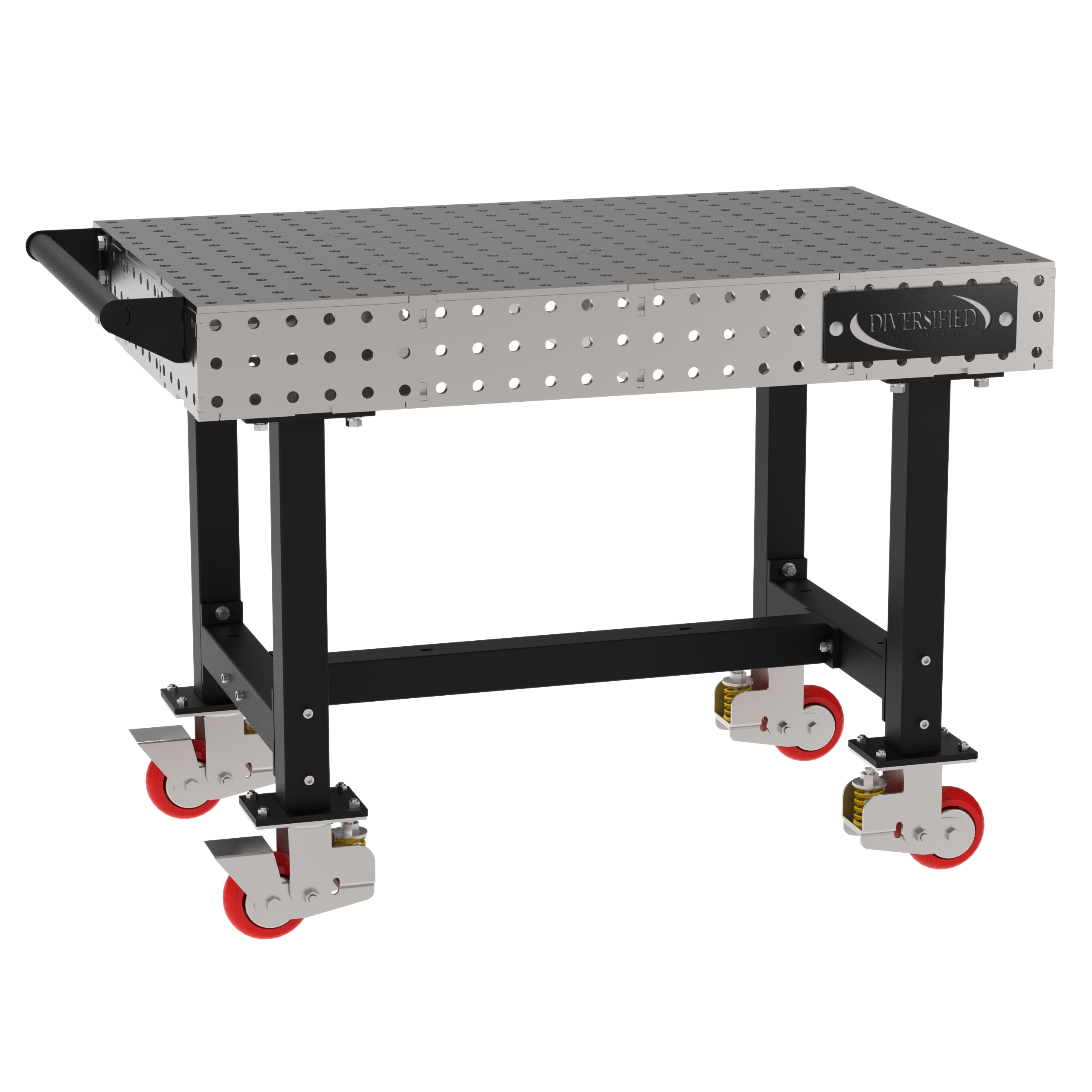 Welding Fixture Table, Fixed Height, 36"H x 48"L x 30"D, 1/4" Carbon Steel Top, Four Black Powdercoat Legs, Handle, 4 Heavy Duty Suspension Casters (2 Locking/Swiveling Casters and 2 Non-Locking/Non-SwivelingCasters)