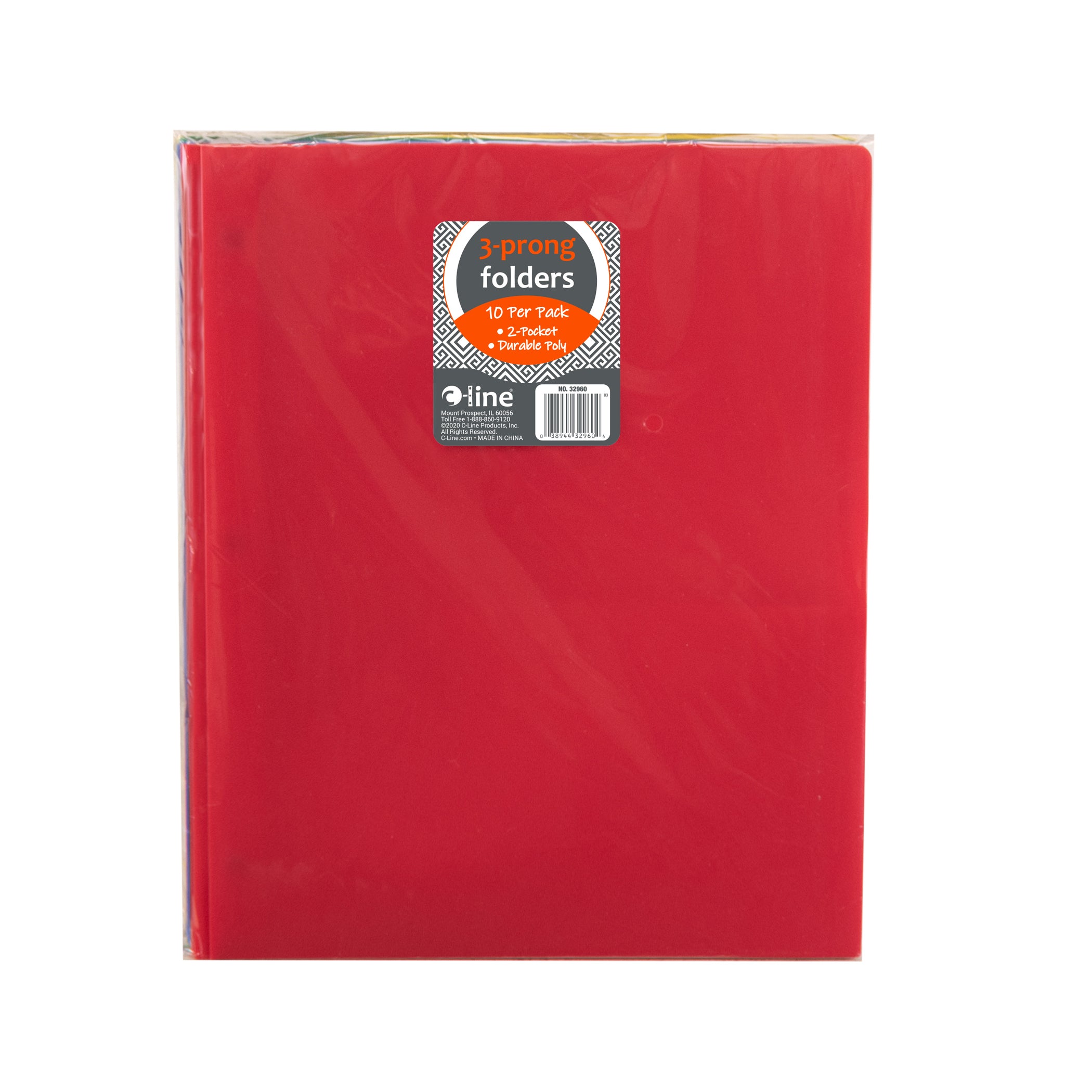 Two-Pocket Heavyweight Poly Portfolio Folder with Prongs, Assorted Primary Colors, Pack of 10