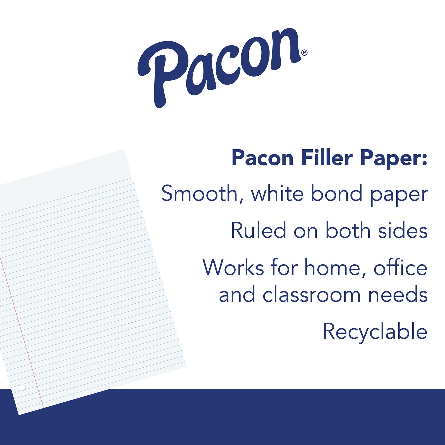 Filler Paper, White, 3-Hole Punched, Red Margin, 3/8" Ruled, 8" x 10.5", 200 Sheets
