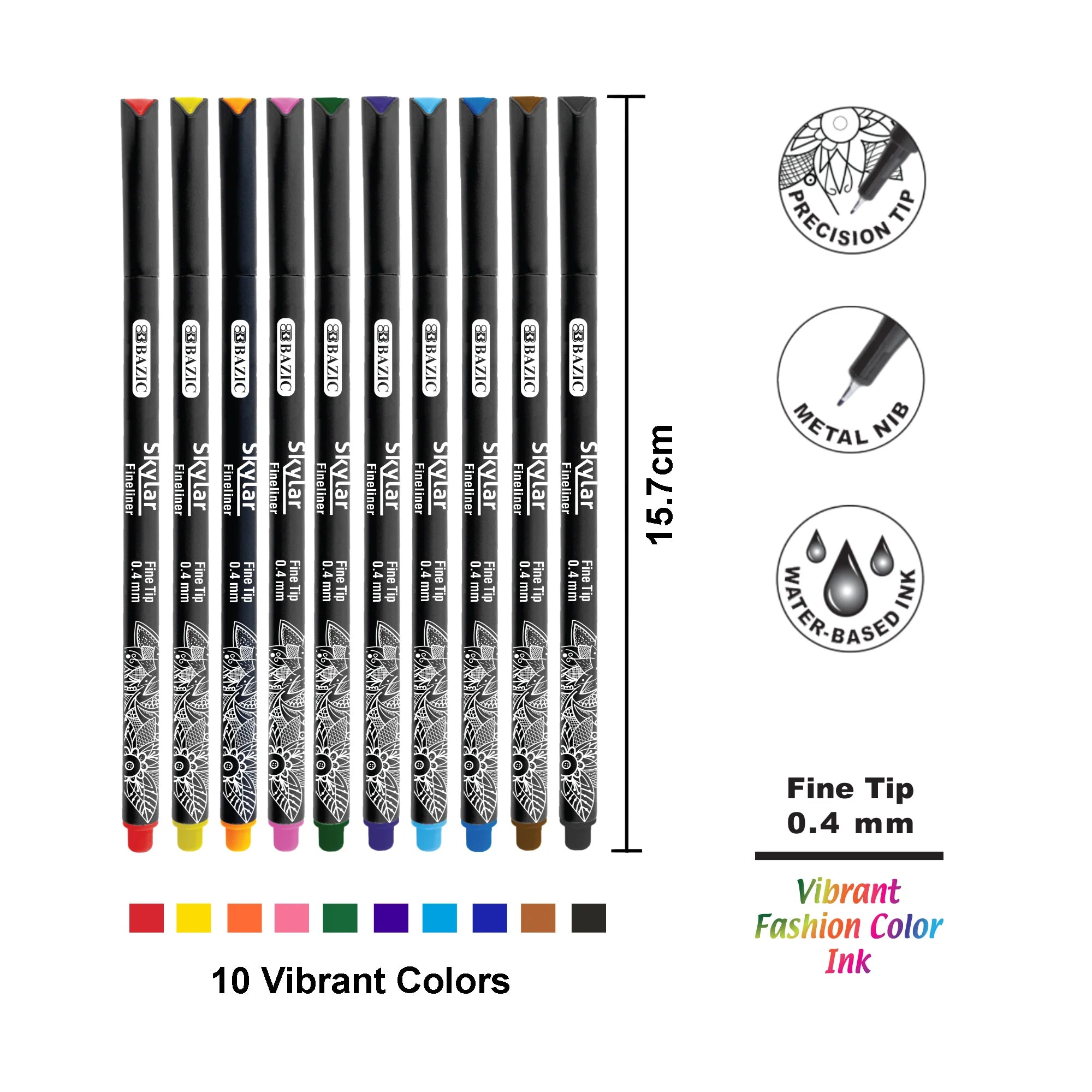 Skylar 0.4 mm Fineliner Pen, 10 Color