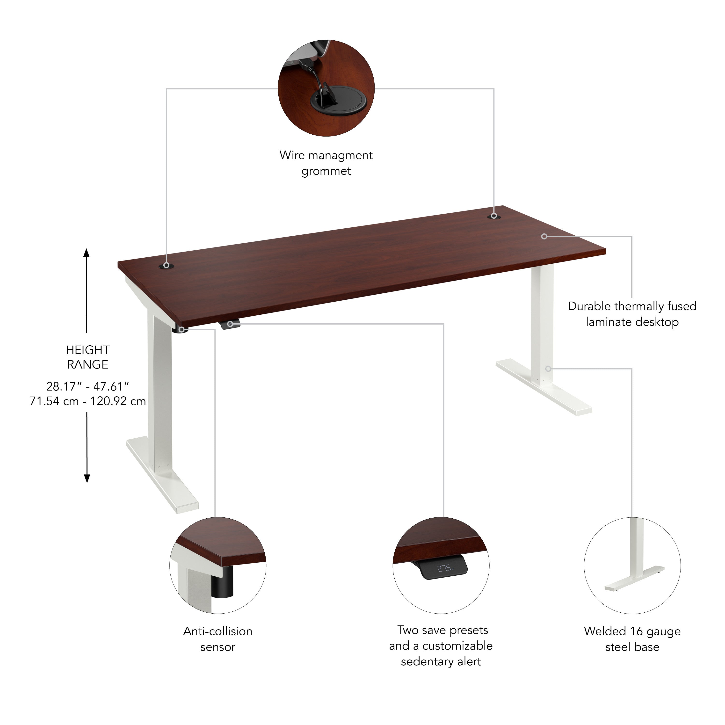 Bush Business Furniture Move 40 Series 72W x 30D Electric Height Adjustable Standing Desk in Hansen Cherry with White Base - 71.02" Width x 29.37" Depth x 28.17" Height