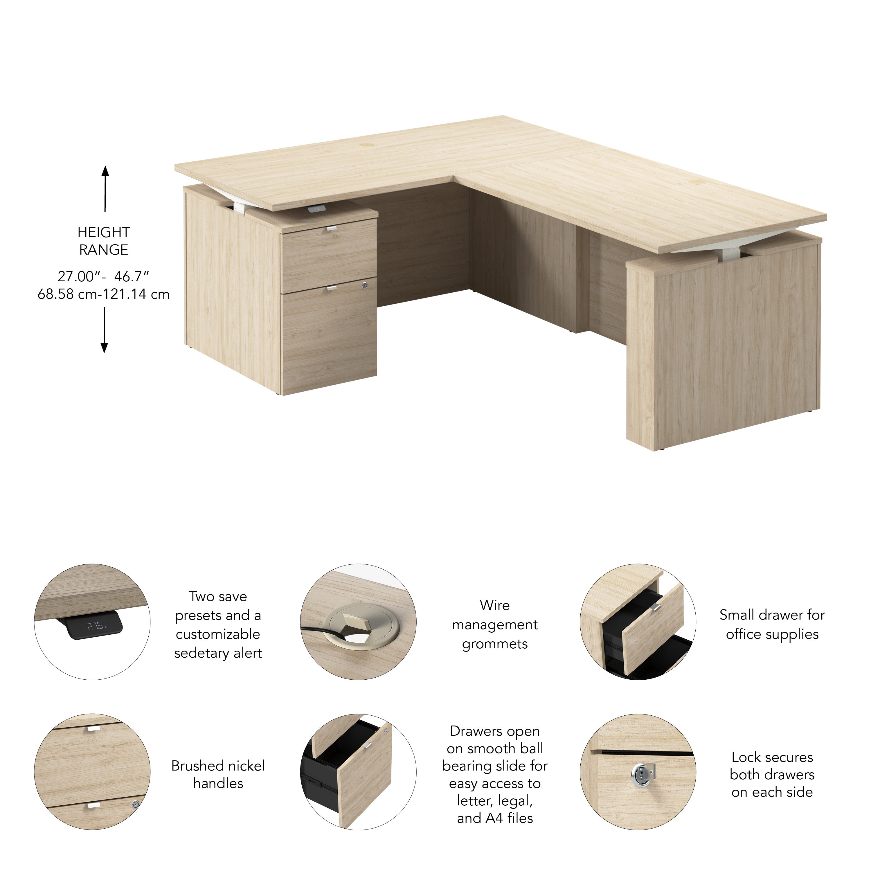 Bush Business Furniture Stratus&nbsp;60W x&nbsp;78D Height Adjustable L Shaped Standing Desk with File Cabinet in Natural Elm with White Base - 59.45" Width x 76.97" Depth x 27.44" Height