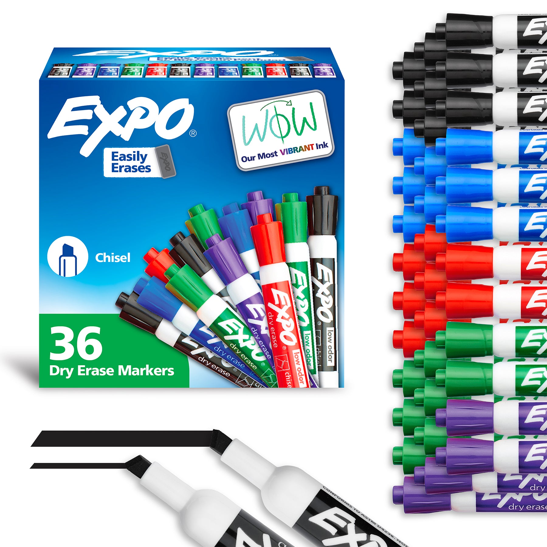 Low Odor Dry Erase Markers, Chisel Tip, Assorted, 36 Count